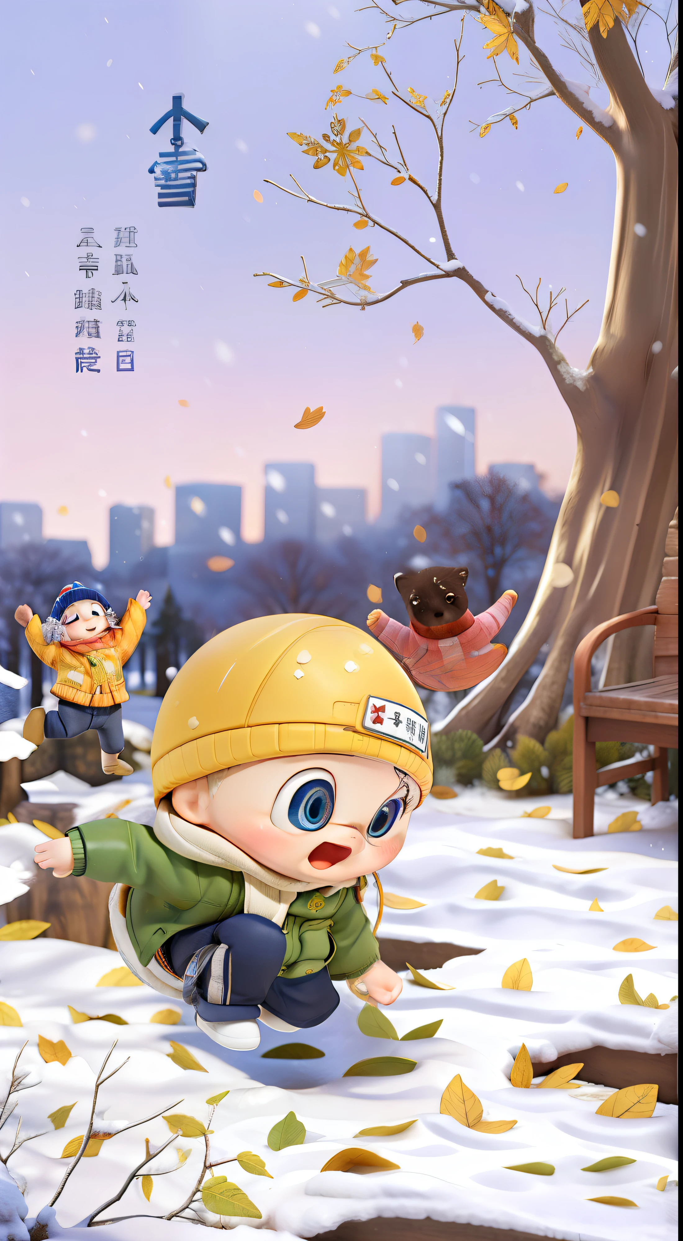 Falling snowflakes and leaves,winter,playing in the snow