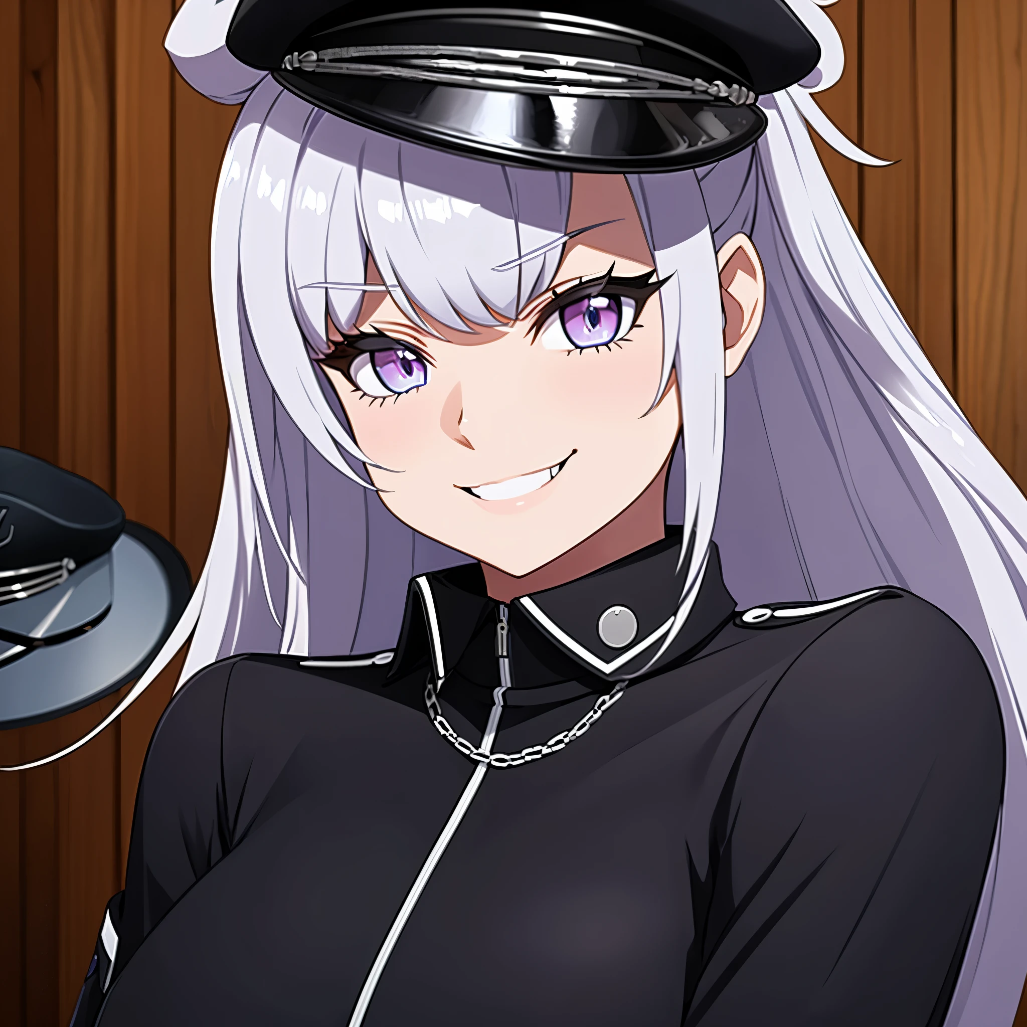 a girl in black military uniform, black military hat, purple eyes, silver hair, next to a naval port, smiling
