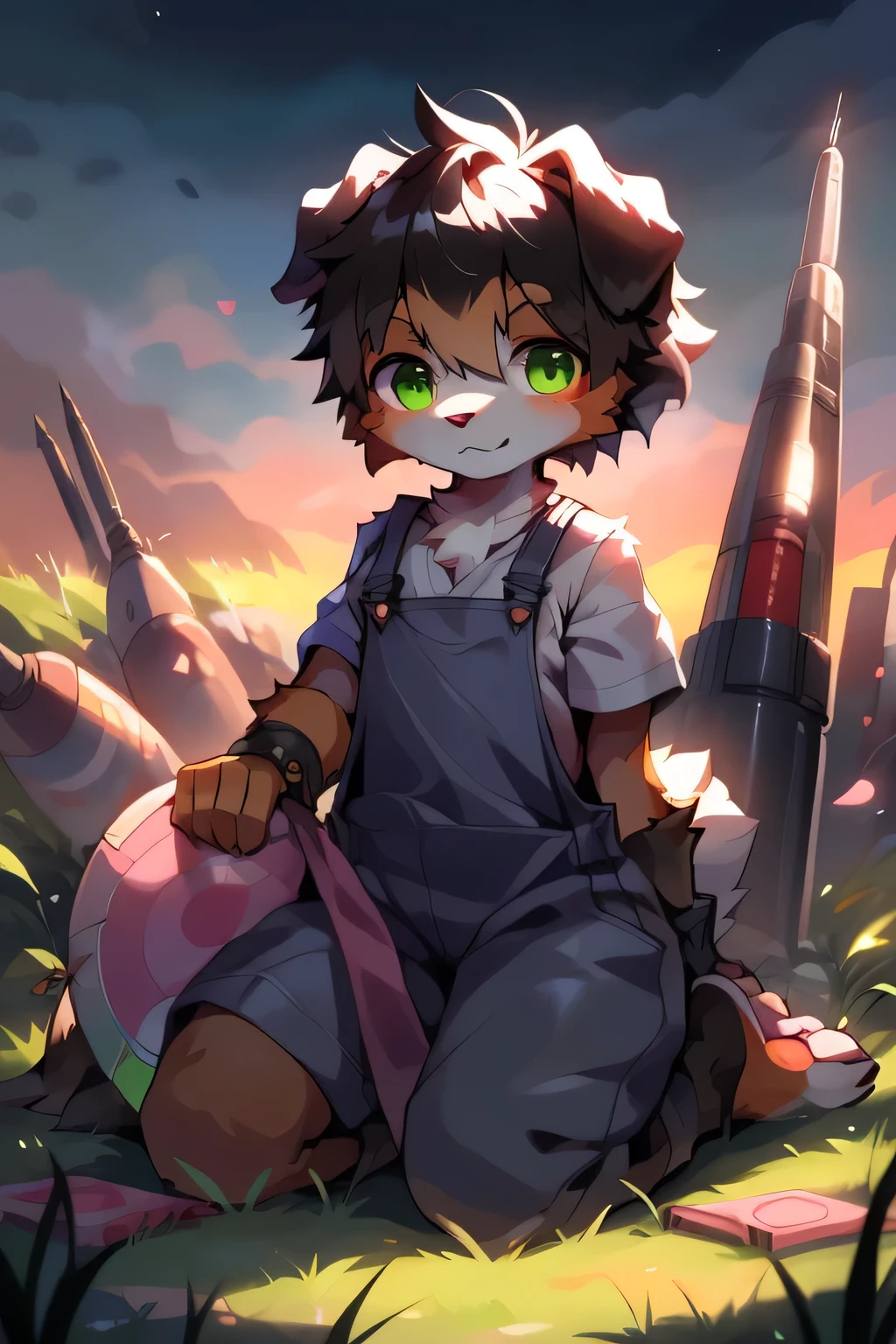 hairy Bernese mountain dog, forelimb, leg, Shota boy standing, Overall whiteheads, missile, Body and Regulus - black markings all over the body,Pink pads, Eyes and pupils are green, hairy, no clothes, two ears,Background grass,black overalls、Japanese kneeling pose