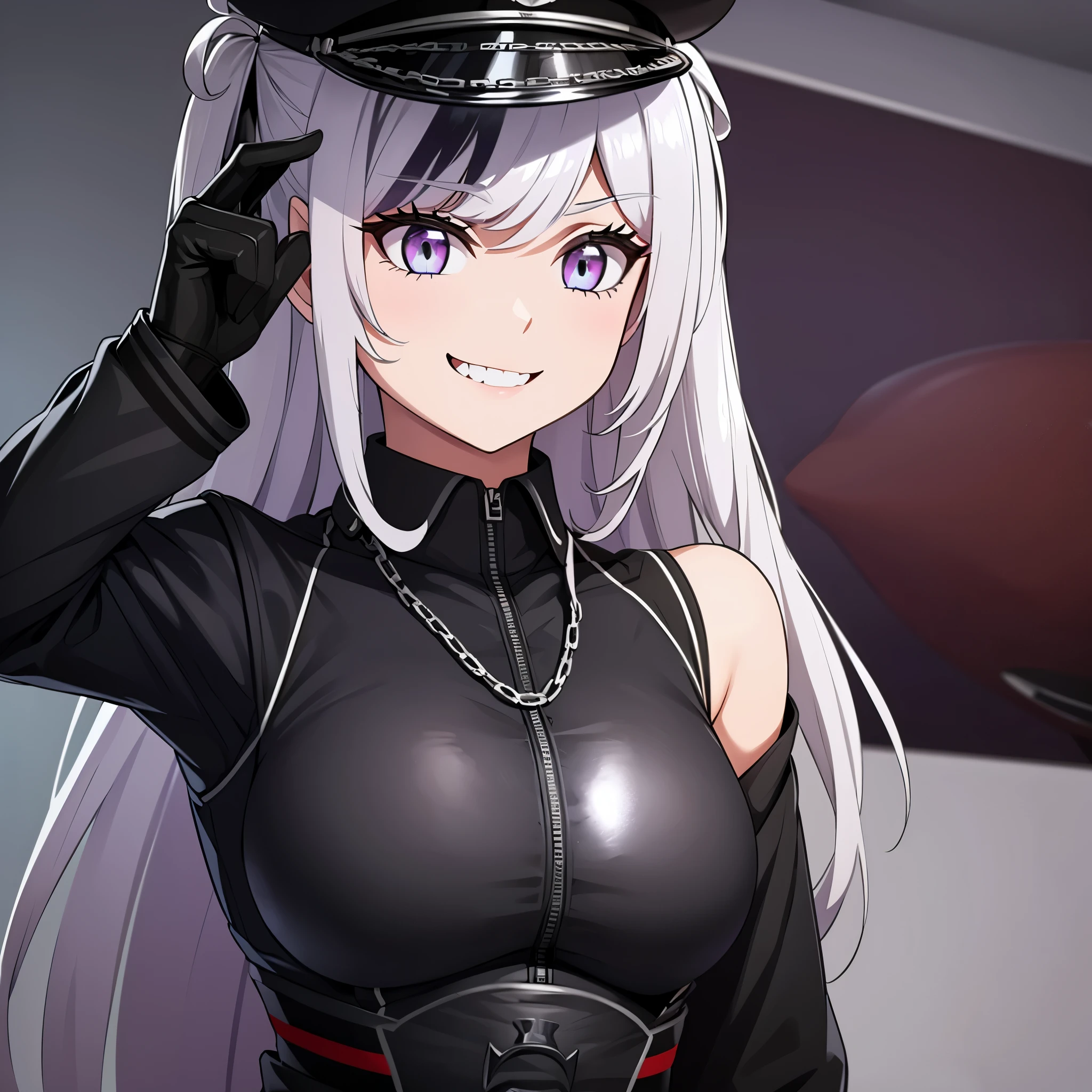 a girl in black military uniform, black military hat, purple eyes, silver hair, next to a naval port, smiling
