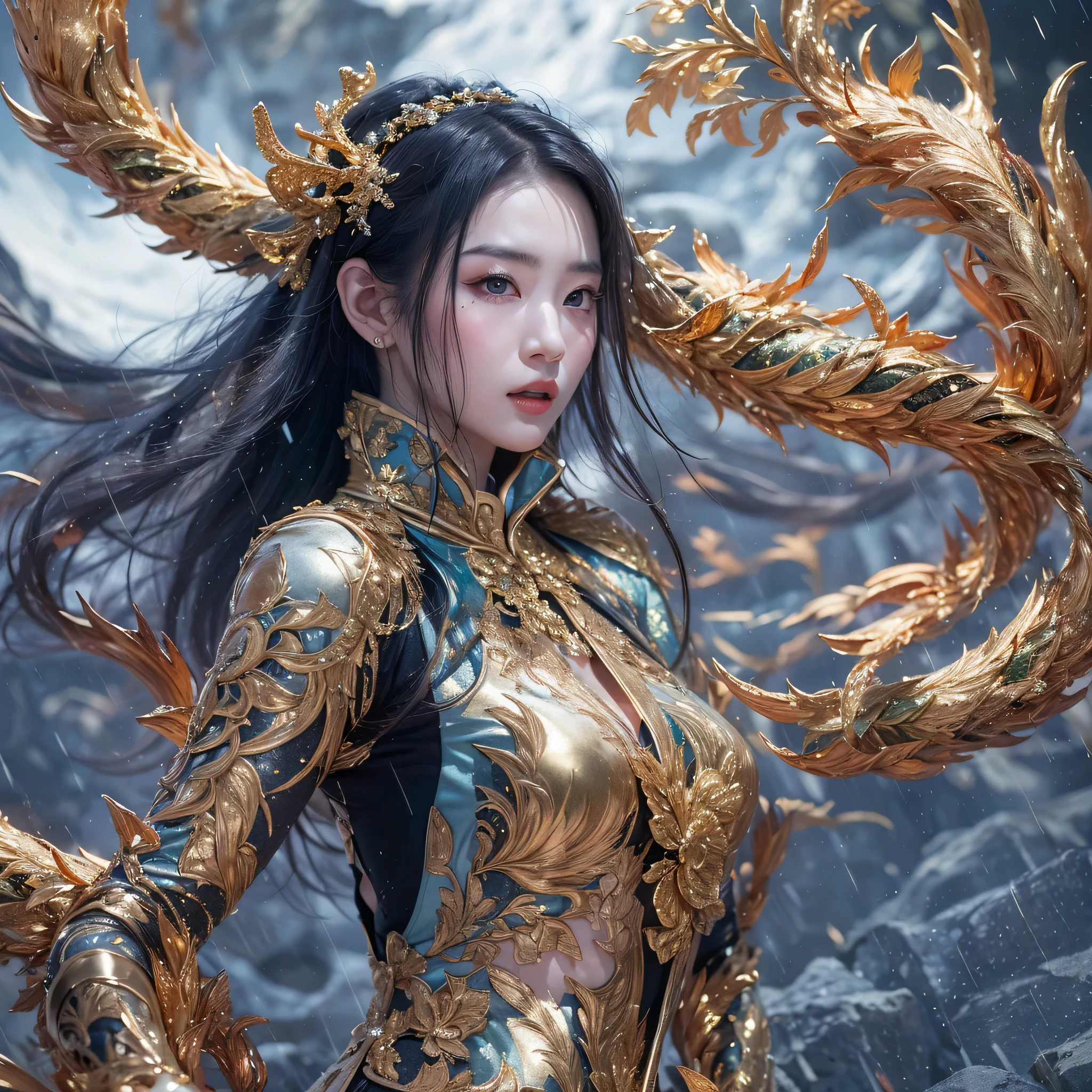 Antlers Flying Nine Tails Light Blue Heavenly Master Flame Hair Star,Moon Night black, gold and orange snake print silk trousers,Rouge Diamond Tulle Sheer Lizard Print,Girl flying in space in the snow 1:900 miniatures,Front view,pure transparency,put on boxing gloves,Wear gold-framed Reverse Light sunglasses,Panoramic super wide angle,very happy,Authentic and delicate texture,Strong visual impact,super detailed,dream girl,delicate face型,beautiful eyes,Hair floating in the air, cherry style,Zhou Xiaotong,crystal clear,Good sense of perspective,Light shadow effect,16KLight slip,surface reflected Light,flowing black hair,Water Goddess 32K,complicated,grace,Very detailed,Gorgeous,digital photography,Autumn Cowboy Shooting,Surrealism,broken ruby,defeat magic,Water magic entanglement,(masterpiece,Light,beautiful eyes:1.2),high dynamic range,void 5 energy storm,(china 1 girl,black eyes:1.5),rouge skin,Light skin,(sit on stone:1.5),delicate face,black hair,Put on Gorgeous golden armor,starry sky background,beautiful golden armor,it'it'it'It's raining,beautiful,University Teachers'Don't look at the audience,focus shift,masterpiece