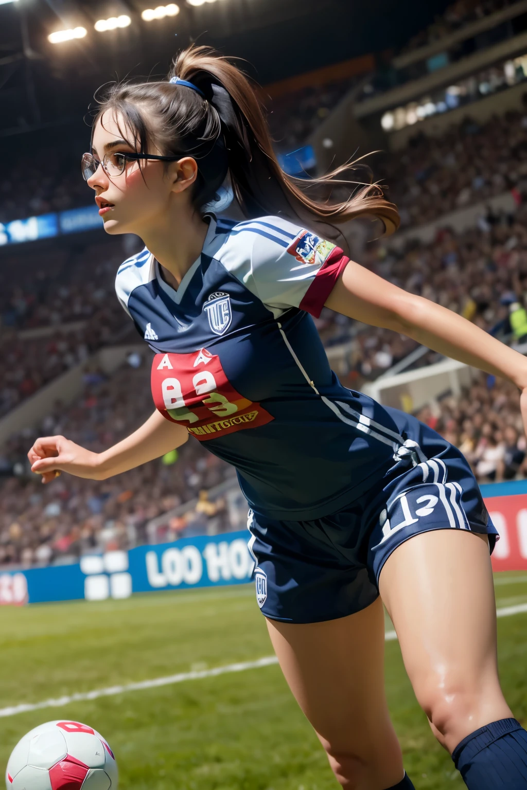 ((wide angle image)), women's football match, (((wears large glasses)))