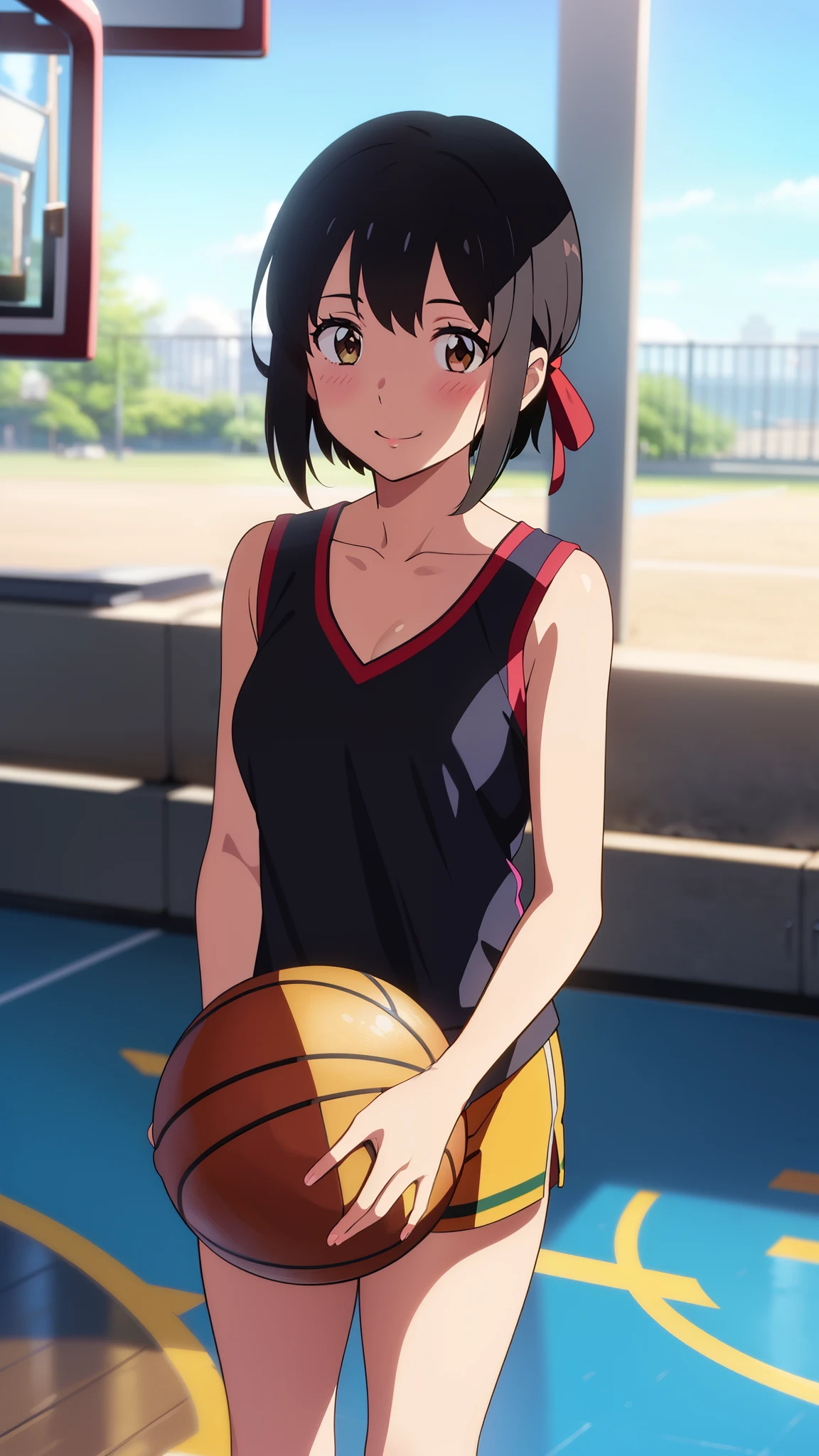 shinkai makoto, kimi no na wa., 1girl, bangs, black hair, blush, bright eyes, brown eyes, red headband, red bow, red ribbon, short hair, smile, cute, beautiful, shiny skin, looking at the viewer, solo, happy, collarbone, medium breasts, yellow tank top, red shorts, blue sky, school, basketball field, basketball, hold the basketball