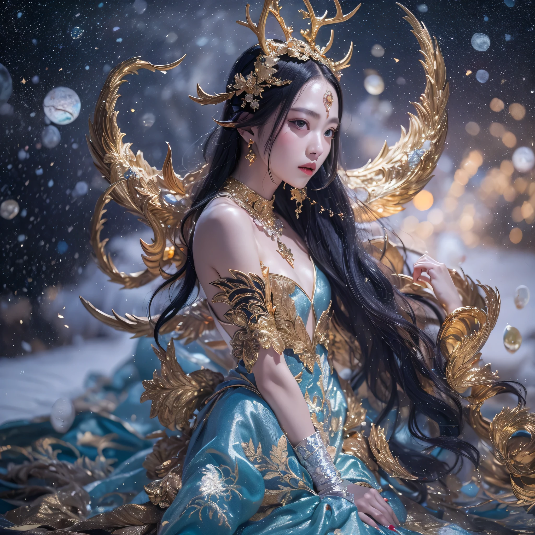 Antlers Flying Nine Tails Light Blue Heavenly Master Flame Hair Star,Moon Night black, gold and orange snake print silk trousers,Rouge Diamond Tulle Sheer Lizard Print,Girl flying in space in the snow 1:900 miniatures,Front view,pure transparency,put on boxing gloves,Wear gold-framed Reverse Light sunglasses,Panoramic super wide angle,very happy,Authentic and delicate texture,Strong visual impact,super detailed,dream girl,delicate face型,beautiful eyes,Hair floating in the air, cherry style,Zhou Xiaotong,crystal clear,Good sense of perspective,Light shadow effect,16KLight slip,surface reflected Light,flowing black hair,Water Goddess 32K,complicated,grace,Very detailed,Gorgeous,digital photography,Autumn Cowboy Shooting,Surrealism,broken ruby,defeat magic,Water magic entanglement,(masterpiece,Light,beautiful eyes:1.2),high dynamic range,void 5 energy storm,(china 1 girl,black eyes:1.5),rouge skin,Light skin,(sit on stone:1.5),delicate face,black hair,Put on Gorgeous golden armor,starry sky background,beautiful golden armor,it'it'it'It's raining,beautiful,University Teachers'Don't look at the audience,focus shift,masterpiece