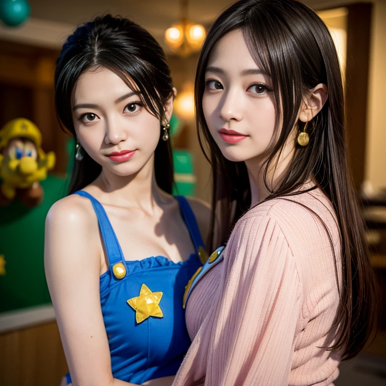((Best quality, 8k, Masterpiece :1.3)), duo,Two women in costume taking selfies on the street,colorful pigtail, anime cosplaying,beautiful burmese woman with slender abs: 1.3, (casual hairstyle),super detailed face, detailed eyes, double eyelids,