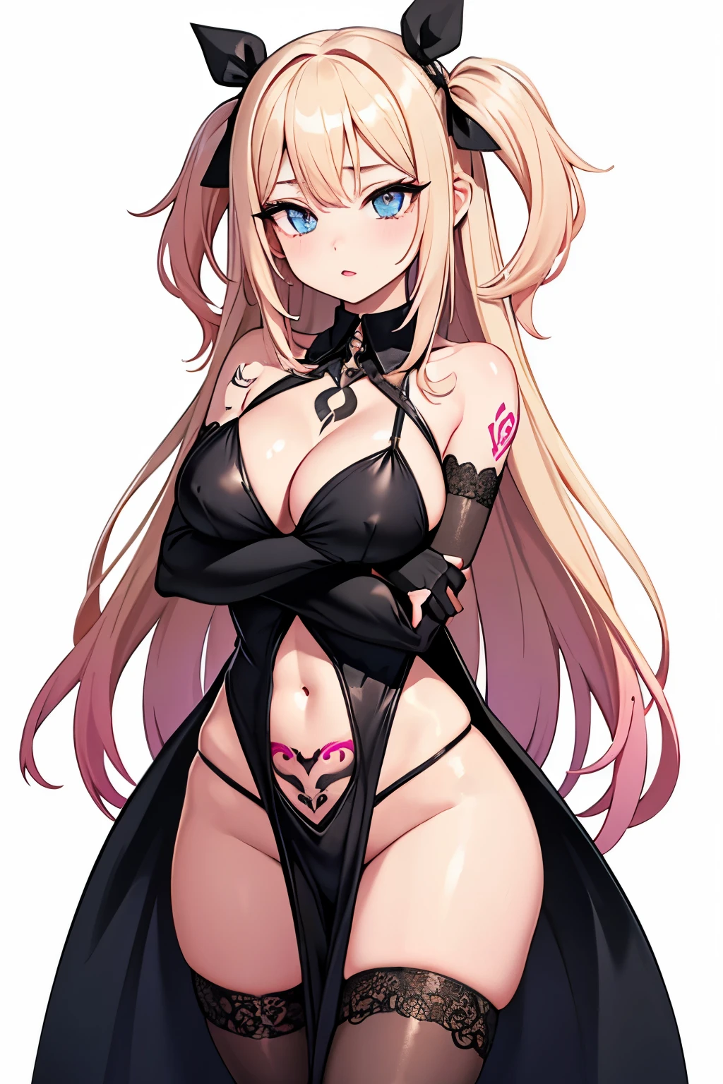 1girl, anime, cute girl, blank background, white background, fantasy, detailed fantasy dress with highlights, beautiful face, beautiful eyes, dark colors, pink hair with some streaks of blue strands, different color pupil in eye, medium small breasts (slightly big), slight cleavage, beautiful skin, cute, breast curtains, extremely delicate and beautiful, (beautiful detailed face:1.0), (detailed deep eyes), symmetrical breasts, deep eyes, shiny skin, portrait, slender waist, hips wider than shoulders, thighs, expressionless, young girl, luminous eyes, adorable,(Kpop idol),(aegyo sal:1),(Platinum blonde hair:1),((puffy eye)),Black panty,sexy posture,Superskirt, ultra high resolution,Black collar,slim figure, Abdominal y tattoo, womb tattoo,Tight-fitting leg ring,y tattoo on half-body,Bare skin, Armored hand,Hidden fingertips,Hand covered,Arm covered,Fist covered,{{beautiful detailed fingers}}, tufts of hair, moderate beautiful breast:1.0,