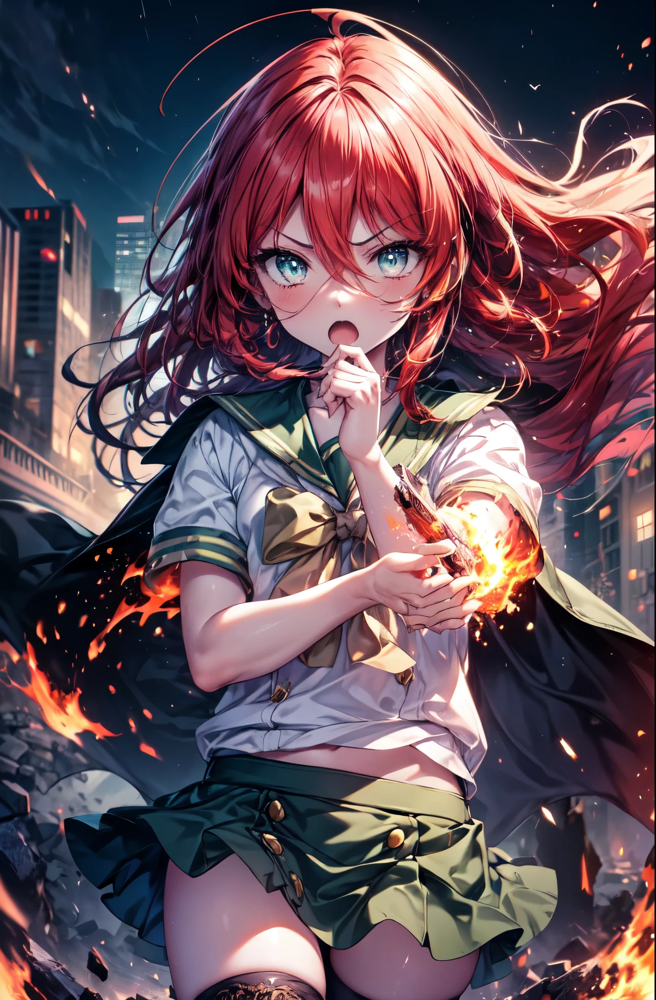 anime catgirl, red green:1.8 hairs, epic battle, magic:1.8, glasses, colorful