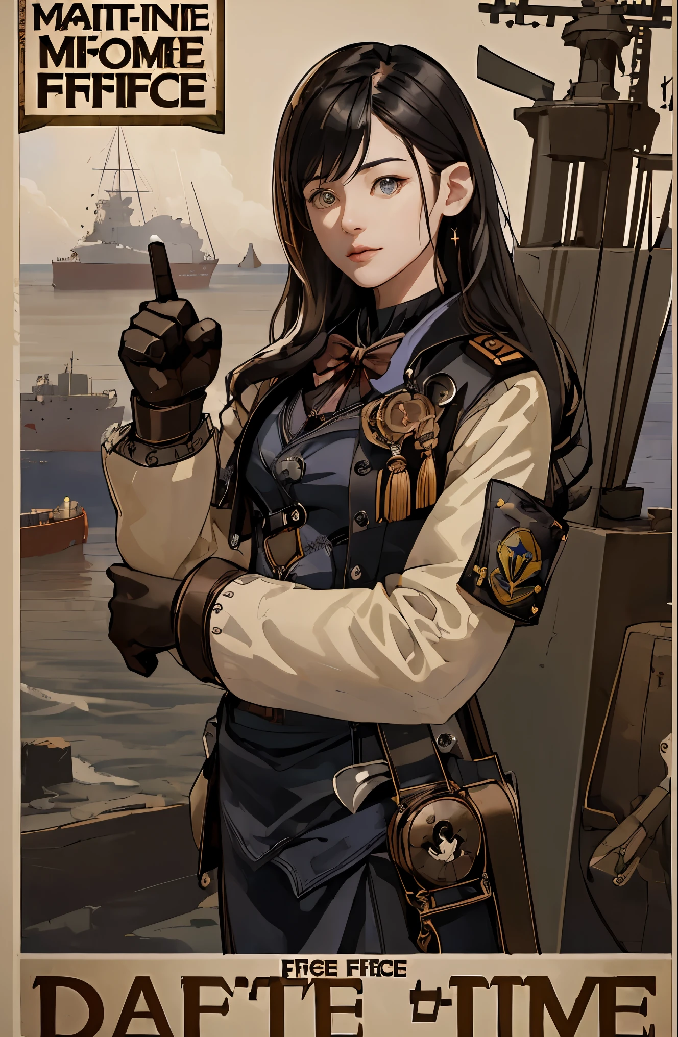 ((((((Maritime Self-Defense Force poster))))))、(absurd、High resolution、super detailed)、1 female、mature woman、grow older、long wavy hair、split color hair、heterochromia iris、bangs、long sleeve、fine eyes and detailed face、Highly detailed CG integrated 8k wallpaper、intricate details、(style-rustmagic:0.8)、(medieval cyborg:0.8)、Portrait、(bloody wound:0.7)、look at the audience、solo、half shot、detailed background、(Steampunk theme:1.1)Definitive expression、Dark Cooks Technomancer、 floating light、Geared color leather vest、technology wear、jet pack、Workshop in the background、mechanical、Equipment、vapor、industry、technology、furnace、impurities、anvil、button、lever、automaton、electricity、electricityの火花のような壮大な雰囲気、、Portrait