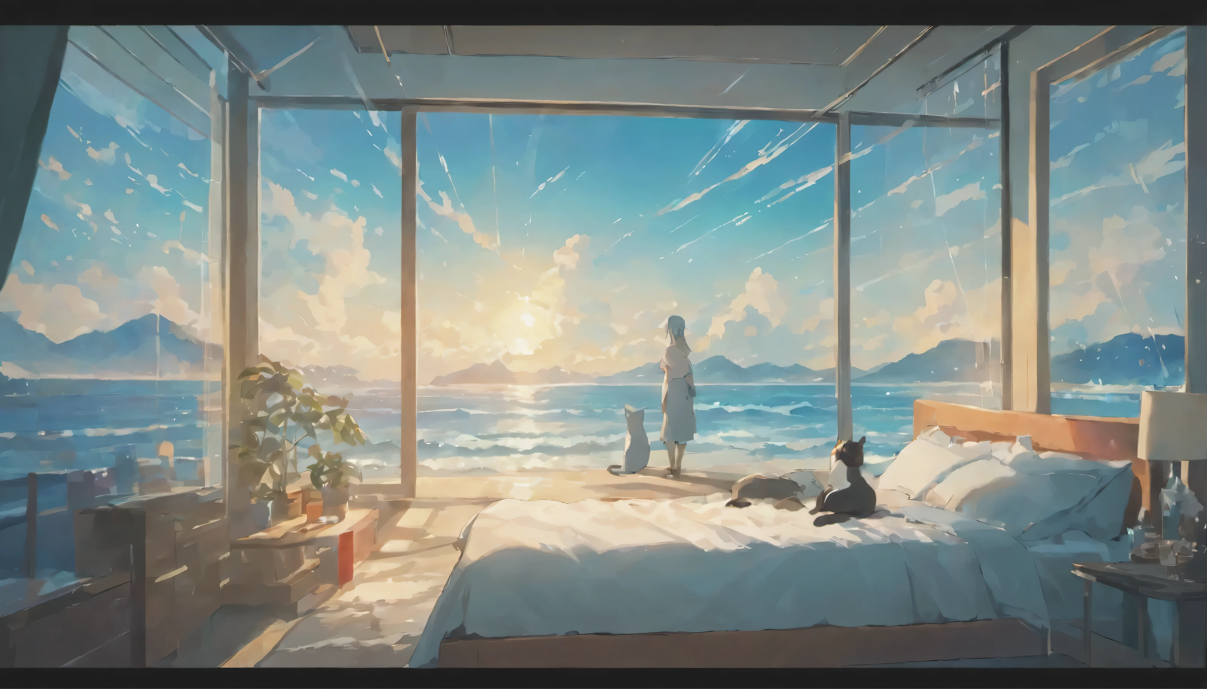 The sea seen through a huge glass window, cat, Mood light, bed, male