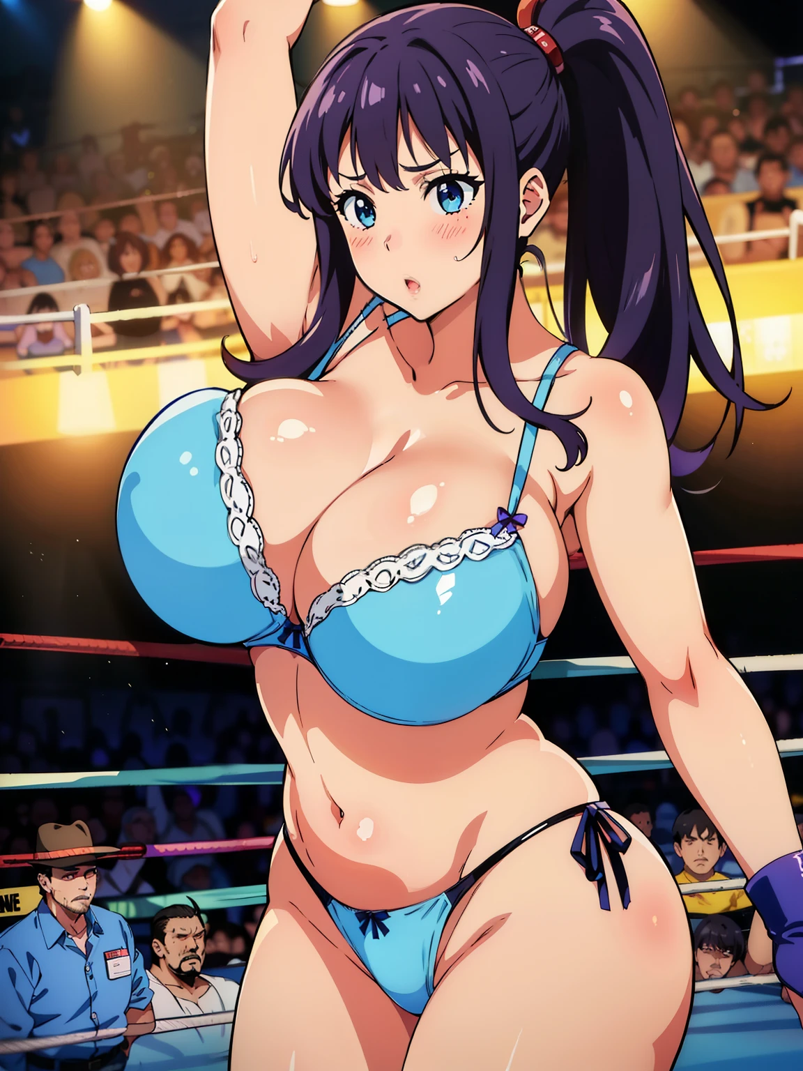 (1girl:1.6), Anime cel drawing style, Best Quality, High resolution, (gigantic breasts:1.6), (bra, Highleg Panties Thong:1.4), Blue eyes, Purple hair, Bangs, Side Ponytail, Hair Ornament, blush, embarrassed, reluctant, looking at viewer, (cowboy shot:1.6), (professional wrestling ring:1.5), (high kick, fighting stance:1.3), (bouncing breasts:1.3), raise one leg high