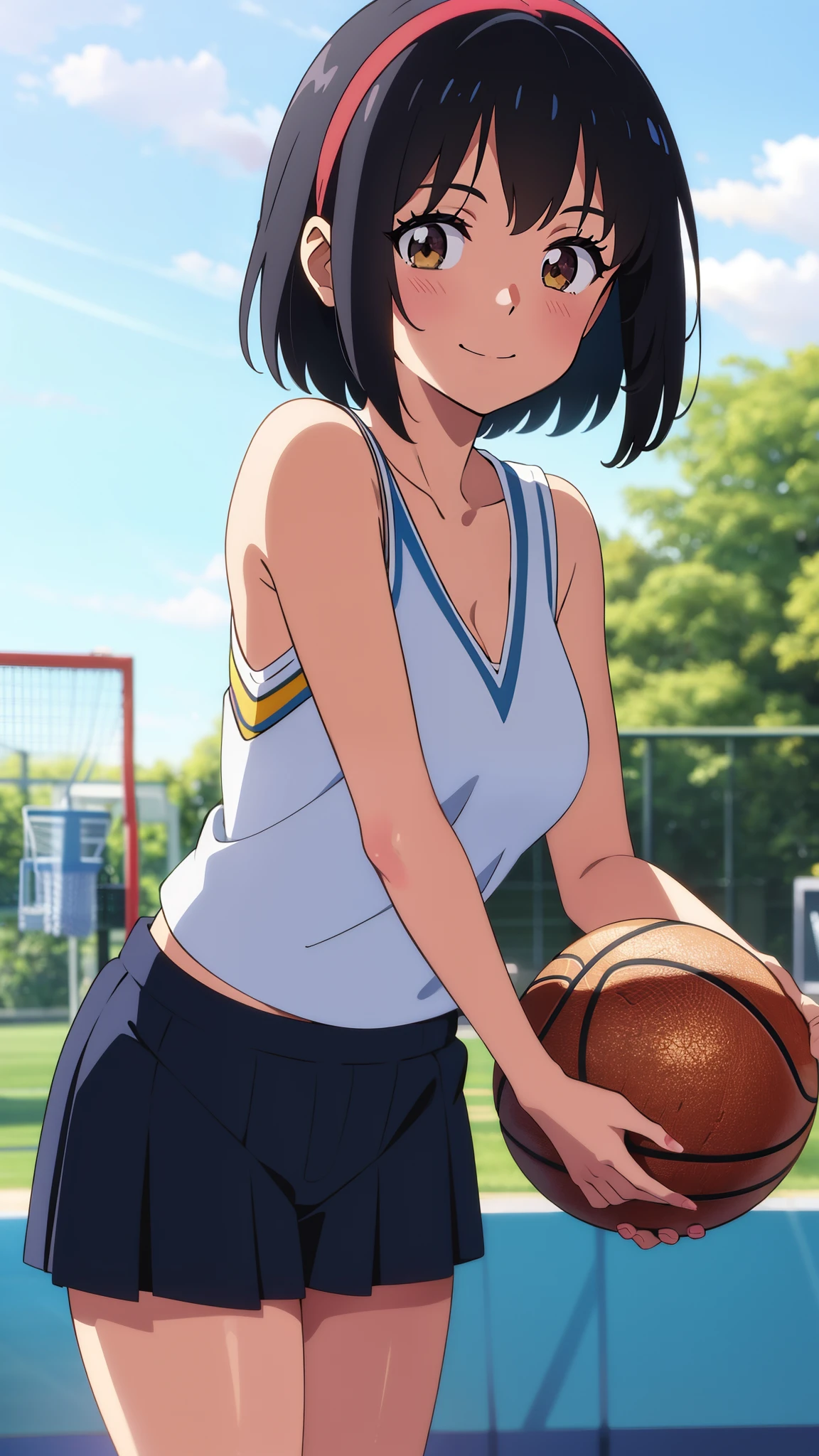 shinkai makoto, kimi no na wa., 1girl, bangs, black hair, blush, bright eyes, brown eyes, red headband, red bow, red ribbon, short hair, smile, cute, beautiful, shiny skin, looking at the viewer, solo, happy, collarbone, medium breasts, yellow tank top, red shorts, blue sky, school, basketball field, basketball, hold the basketball
