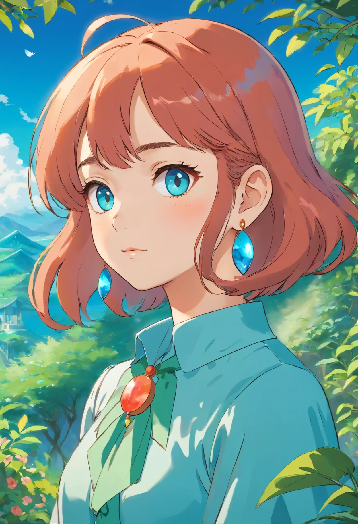 a girl wearing an anime collar, a long necklace and earrings, in the style of tranquil gardenscapes, colorful animation stills, masami teraoka, aquamarine, paul gauguin, Embry style, honest portrayal