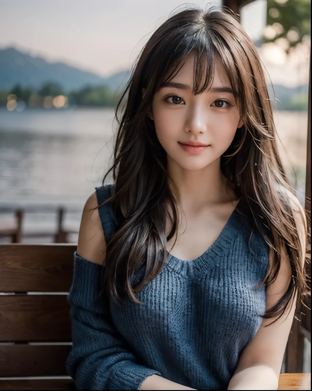 (highest quality, 8k, 32k), masterpiece, ultra high resolution, (realistic: 1.4), sexy pictures, 1girl, long hair with bangs, At dusk in spring，Gentle goddess sitting on a bench by the lake。She caressed the rippling waves of the lake，Gently blow the long hair that spreads in front of the forehead。Enjoy the caress of the breeze，The temperature of tranquility and comfort permeates the mind，masterpiece, highest quality，(beautiful idium view，Upper body:1.5))，