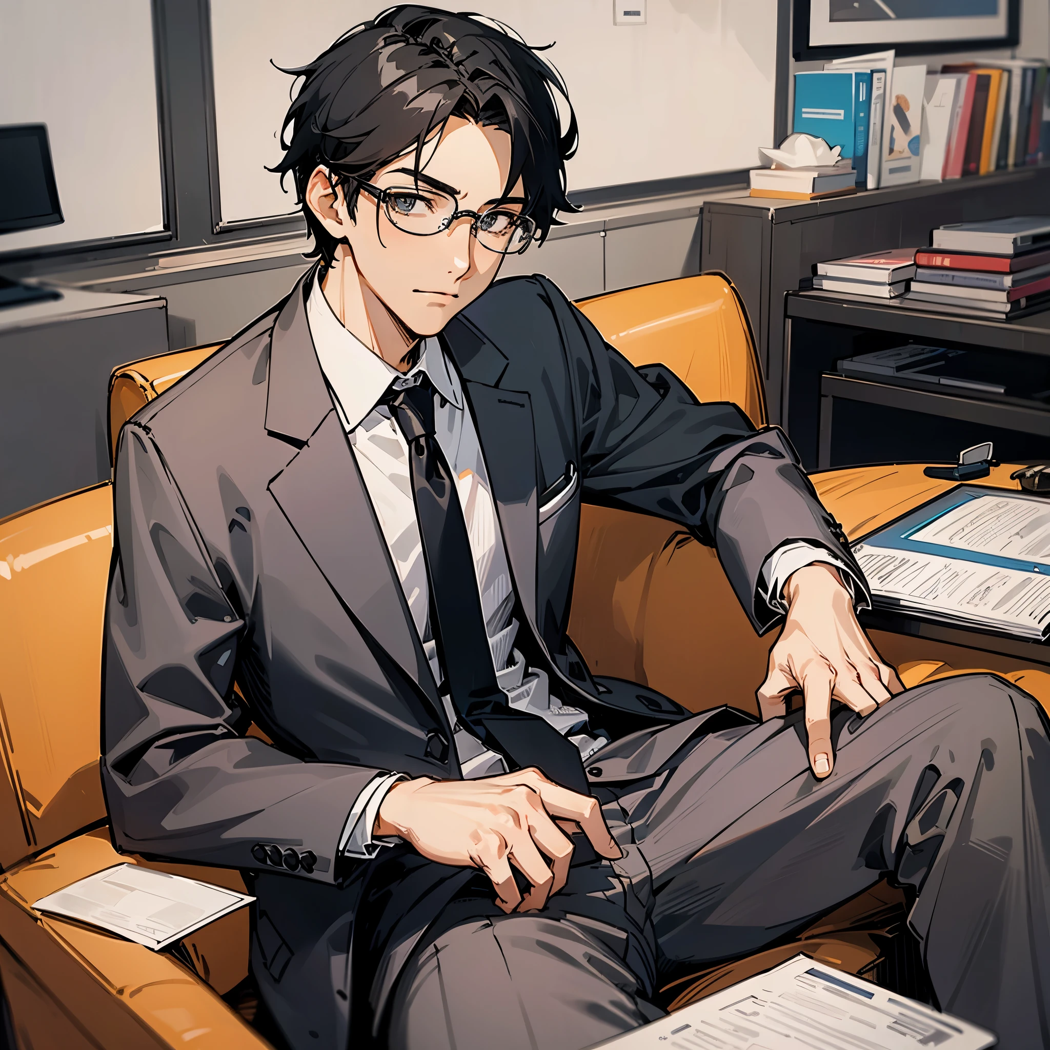 A young man,black hair,professional attire,Corporate executives,Wearing a light gray suit,wear glasses,Sitting on the sofa in the office,There is a coffee table in front of you,There is a laptop on the coffee table,Face to the left,Eyes serious。illustration style,Marker sketch style,Sketch portraits of people,high-definition,4k。