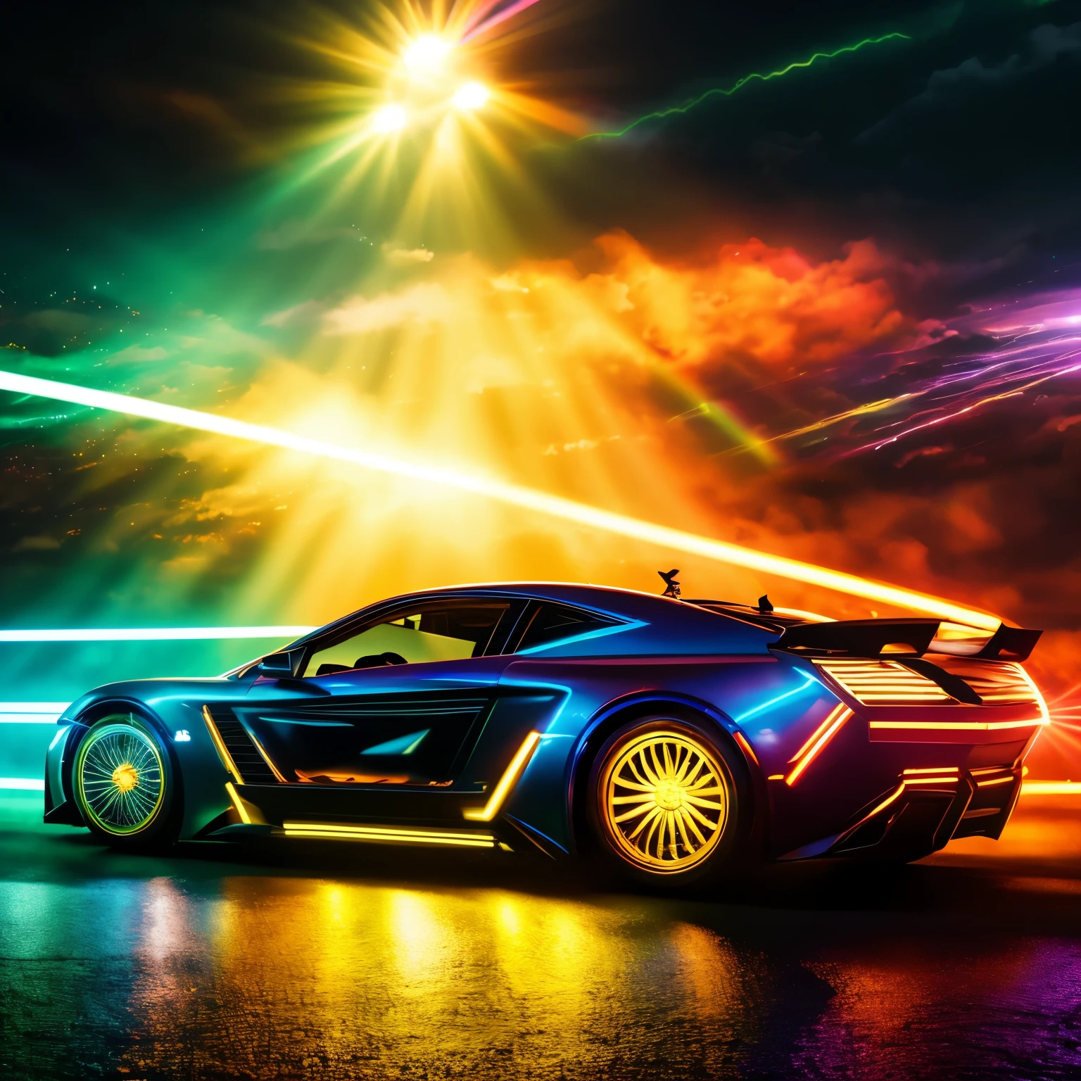 best quality, 32k, RAW photo, incredibly absurdres, extremely detailed, (Tyndall Effect:1.4), iridescent rainbow neon colors, motion-blur, action-lines, speed-lines, background mad black