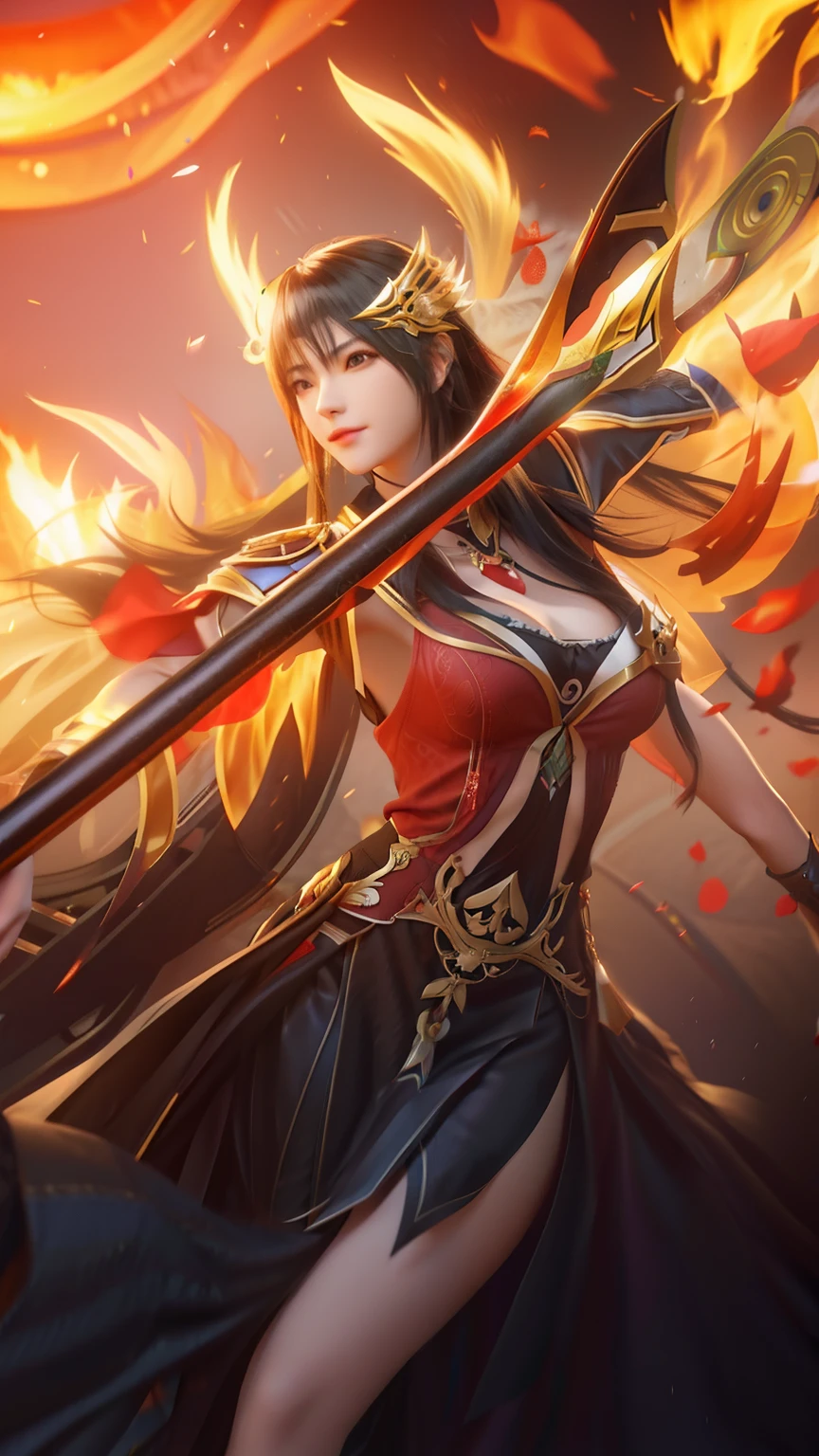 A woman in a black dress poses in front of a fire, alluring tipha lockhart portrait, succubus in tight kilt, Tifa Lockhart, by Yang J, ff Tifa, full-body xianxia, Japanese goddess, Sexy dress, from league of legends, Irelia, Li Zixin, tifa lockheart, Ruan Jia and Artgerm
