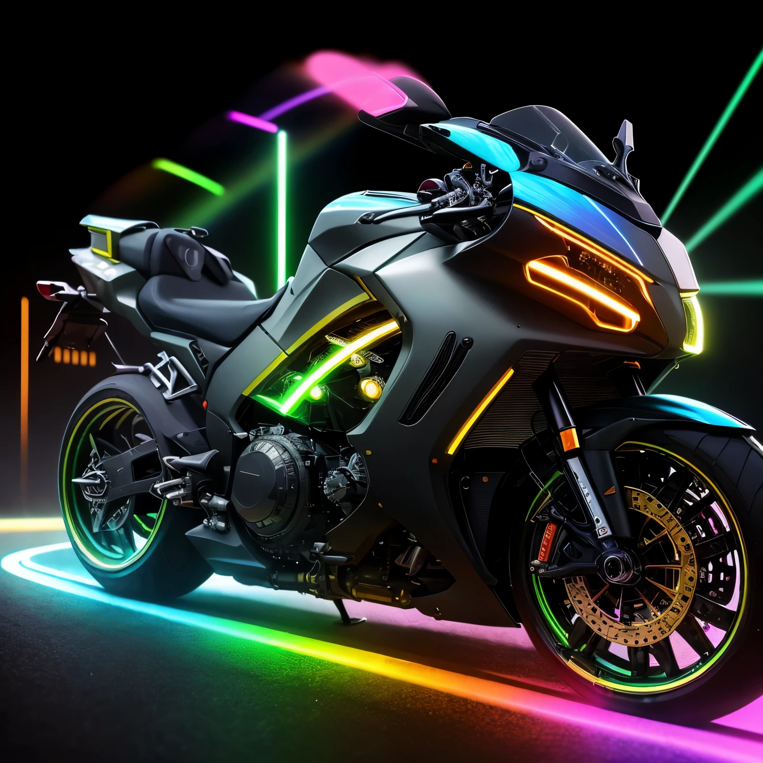 best quality, 32k, RAW photo, incredibly absurdres, extremely detailed, (Tyndall Effect:1.4), iridescent rainbow neon colors, motion-blur, action-lines, speed-lines, background mad black