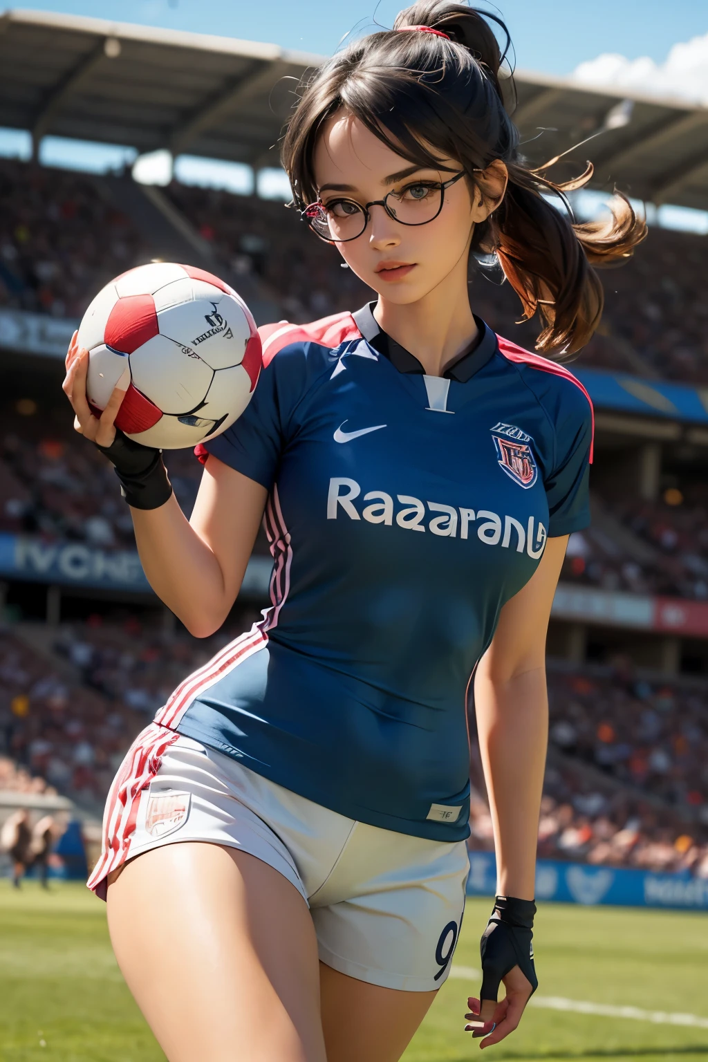 ((wide angle image)), women's football match, Number 4, (((wears large glasses)))