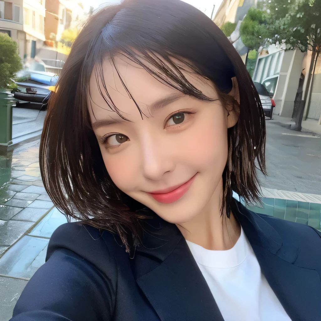 ((highest quality, 8k, masterpiece: 1.3)), sharp focus: 1.2, beautiful woman with perfect figure: 1.4, slim abs: 1.2, (layered hairstyles,: 1.2)), (wet white button long shirt: 1.3), rain: 1.3, street: 1.2, wet body: 1.1, Highly detailed face and skin texture, fine eyes, double eyelid, big breasts, smile,