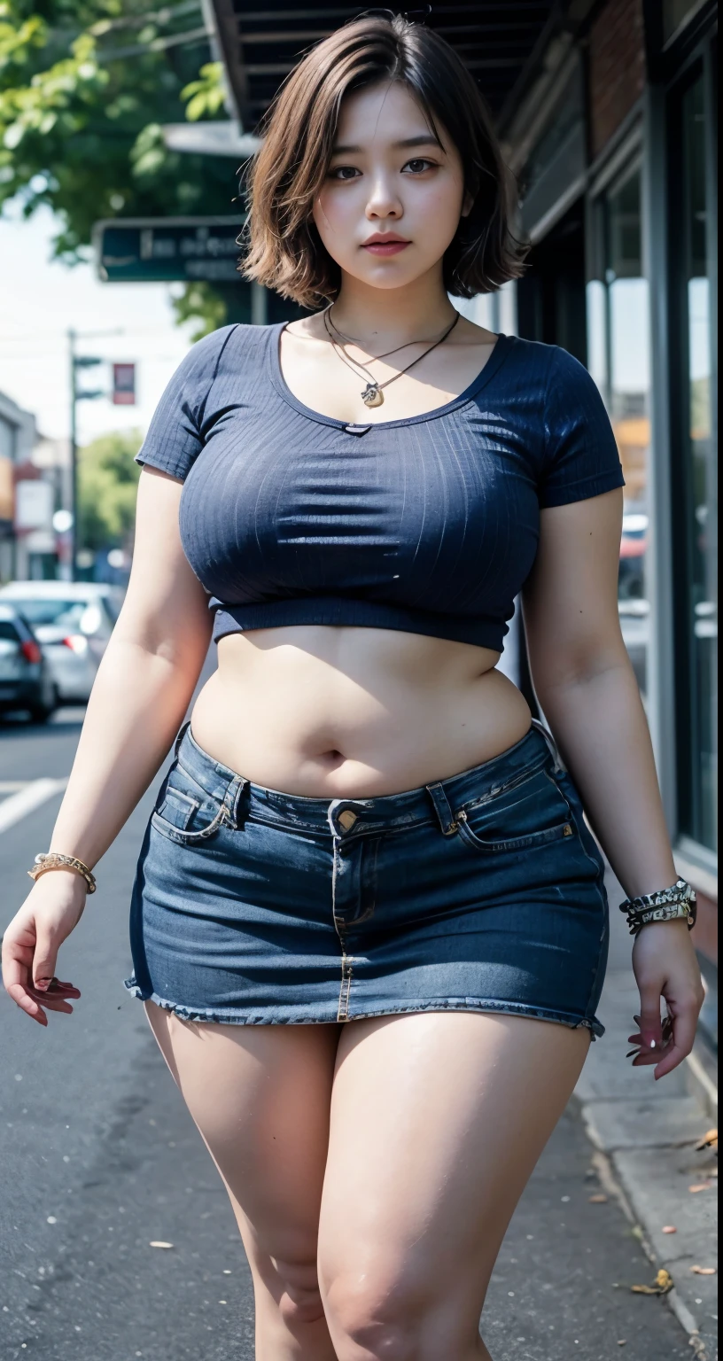 ((best quality)), ((masterpiece)), (detailed), perfect face, araffe woman in a long dark-blue shirt and blue denim skirt walking down a street, thicc,  wavy  short hair , she has a jiggly fat round belly, bbwchan, wearing tight simple clothes, skinny waist and thick hips, widest hips, her belly is fat and round, soft curvy shape, hyperrealistic full figure, wearing a cute top, wide hips, wearing 10 bracelet , wearing huge diamond necklace 