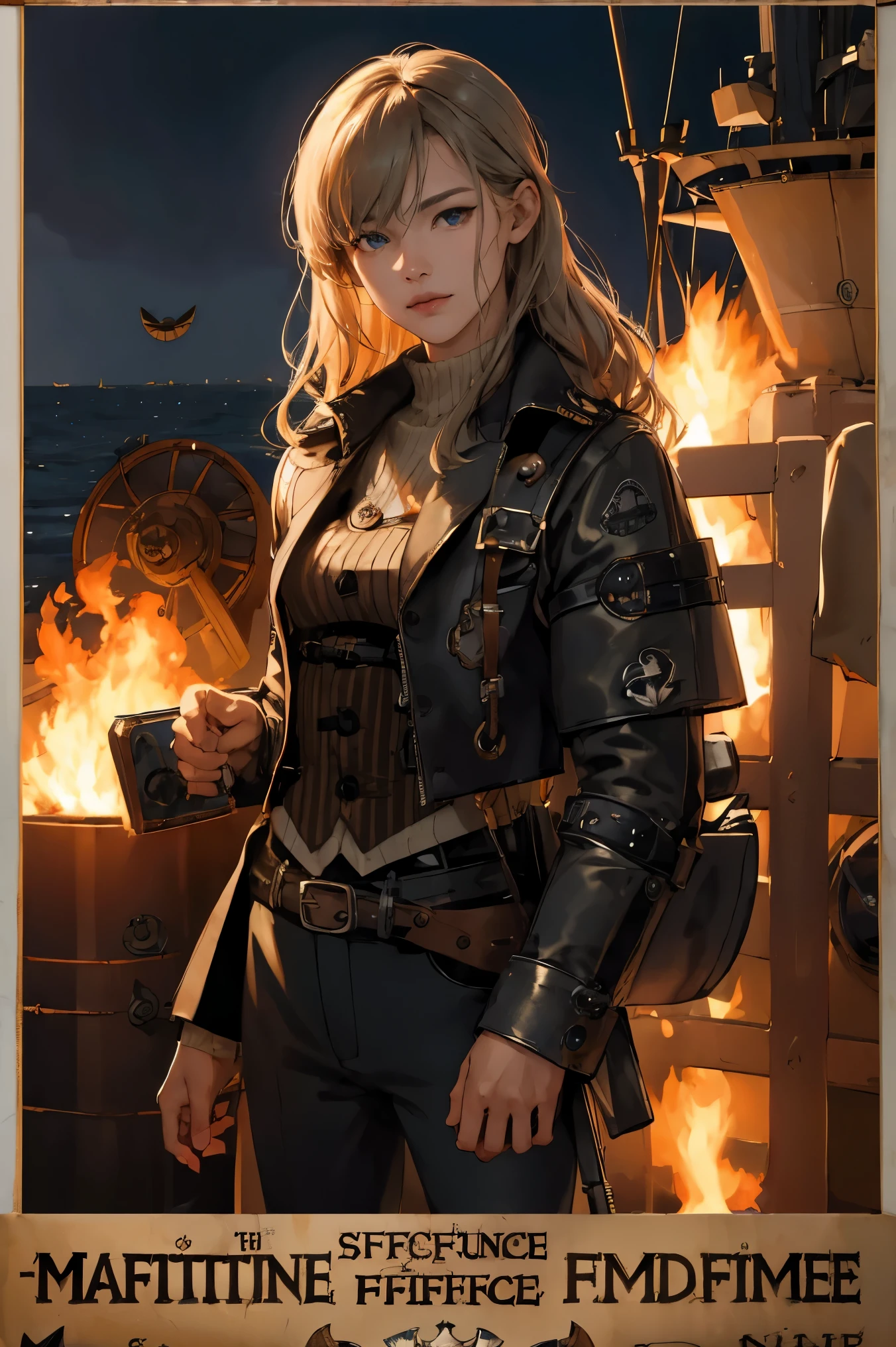 ((((((Maritime Self-Defense Force poster))))))、(absurd、High resolution、super detailed)、1 female、mature woman、grow older、long wavy hair、split color hair、heterochromia iris、bangs、long sleeve、fine eyes and detailed face、Highly detailed CG integrated 8k wallpaper、intricate details、(style-rustmagic:0.8)、(medieval cyborg:0.8)、Portrait、(bloody wound:0.7)、look at the audience、solo、half shot、detailed background、(Steampunk theme:1.1)Definitive expression、Dark Cooks Technomancer、 floating light、Geared color leather vest、technology wear、jet pack、Workshop in the background、mechanical、Equipment、vapor、industry、technology、furnace、impurities、anvil、button、lever、automaton、electricity、electricityの火花のような壮大な雰囲気、、Portrait