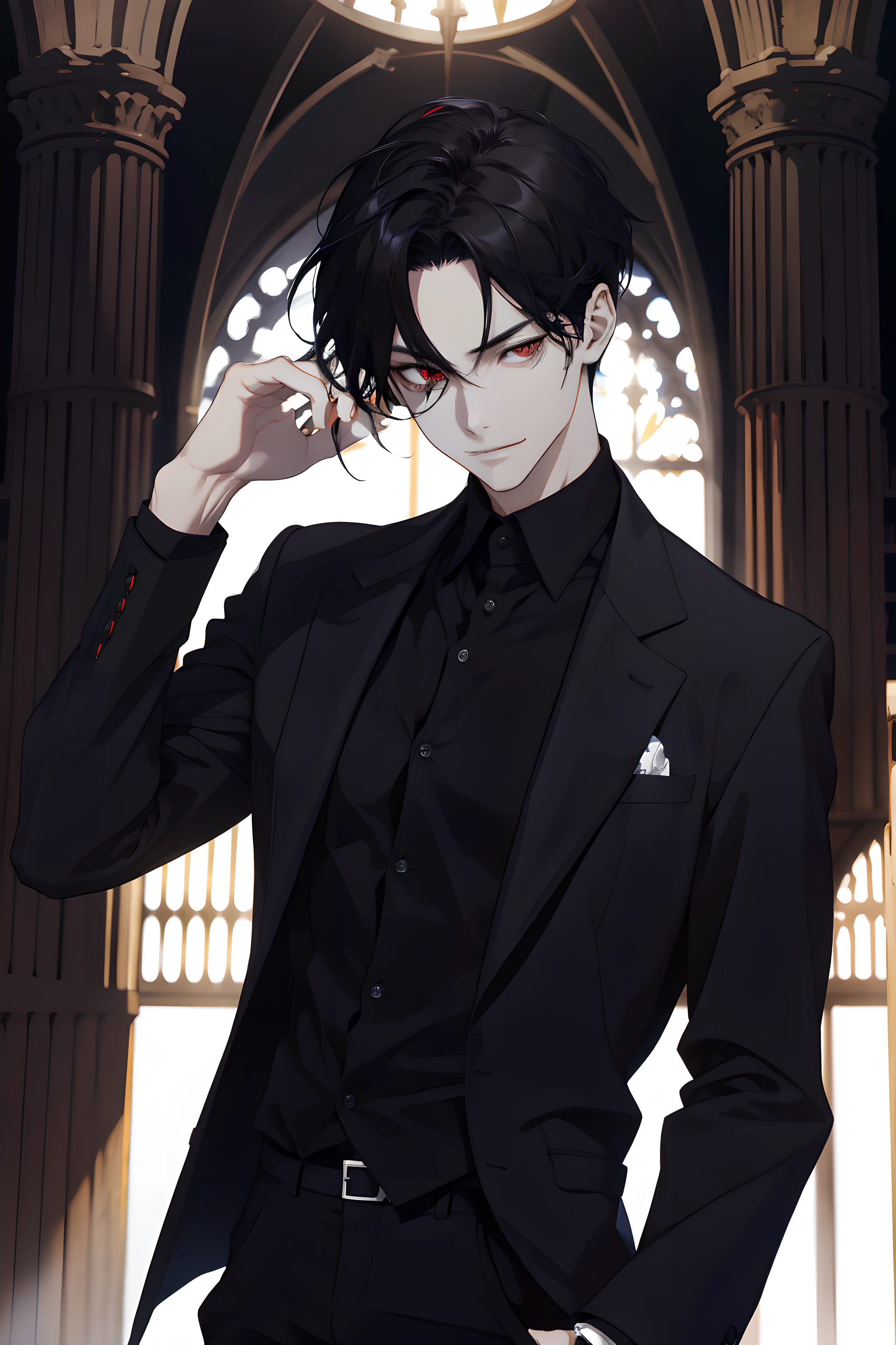 absurdres, highres, ultra detailed, HDR), masterpiece, best quality, 1boy, solo, 22 year, handsome, blue black hair, finely red eyes and detailed face, forehead, ((wear ưblack shirt and black trouser)), (pale and white skin), dutch angle, light smile, vampire vibe, wristwatch, blood effect, in DARK LIBRARY, face focus, red eyes, thin, intently, upper body