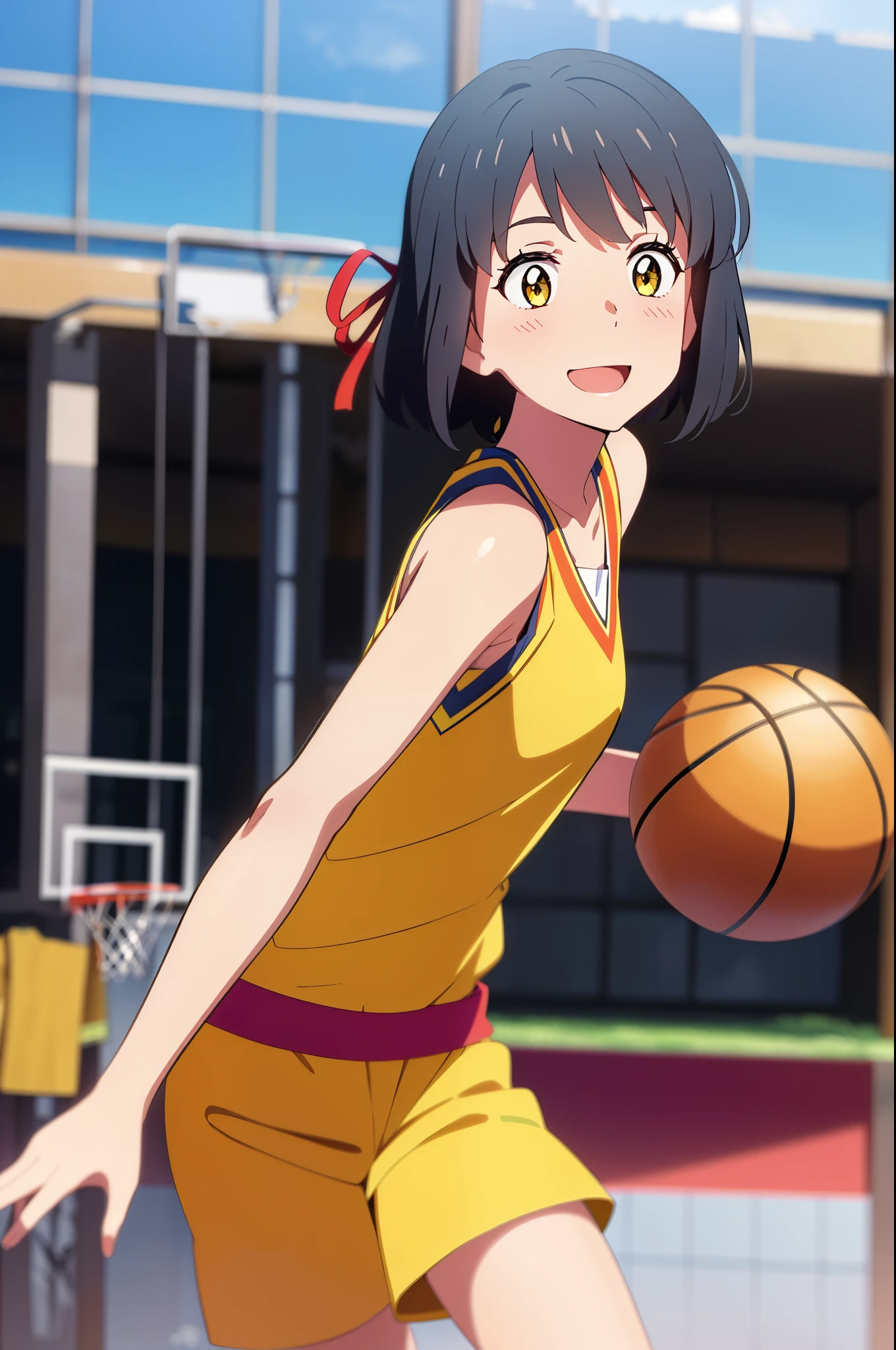 shinkai makoto, kimi no na wa., 1girl, bangs, black hair, blush, bright eyes, brown eyes, red headband, red ribbon, short hair, smile, cute, beautiful, shiny skin, solo, ​happy, open mouth, looks fun, looking away, medium breasts, ((collarbone, yellow tank top, Sleeveless, red shorts)), blue sky, school, basketball field, basketball, hold the basketball, Playing Basketball, perspiring, Powerful angles, Speedy movement