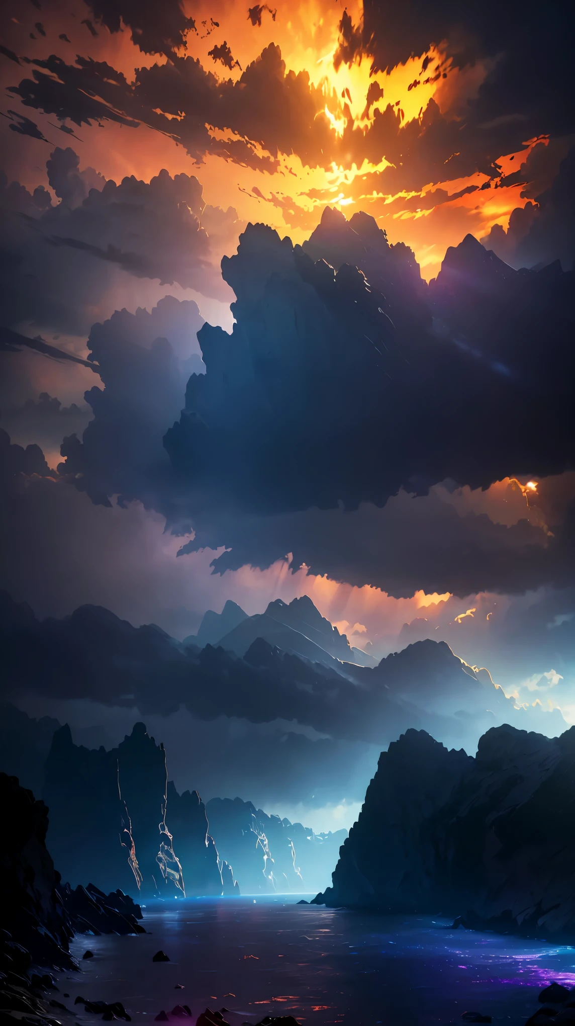 (Super realistic:1.2), High resolution, (Bright colors, HDR:1.1), (sharp focus:1.1), (physically based rendering:1.1), Tyndall effect, colorful lights, Light pours through the gaps in the clouds, beautiful perspective, Contrasting shadows, dynamic composition, realistic landscape, unique configuration, soft texture, intricate details, mysterious atmosphere, Artistic exploration of light and shadow, dramatic lighting effects.