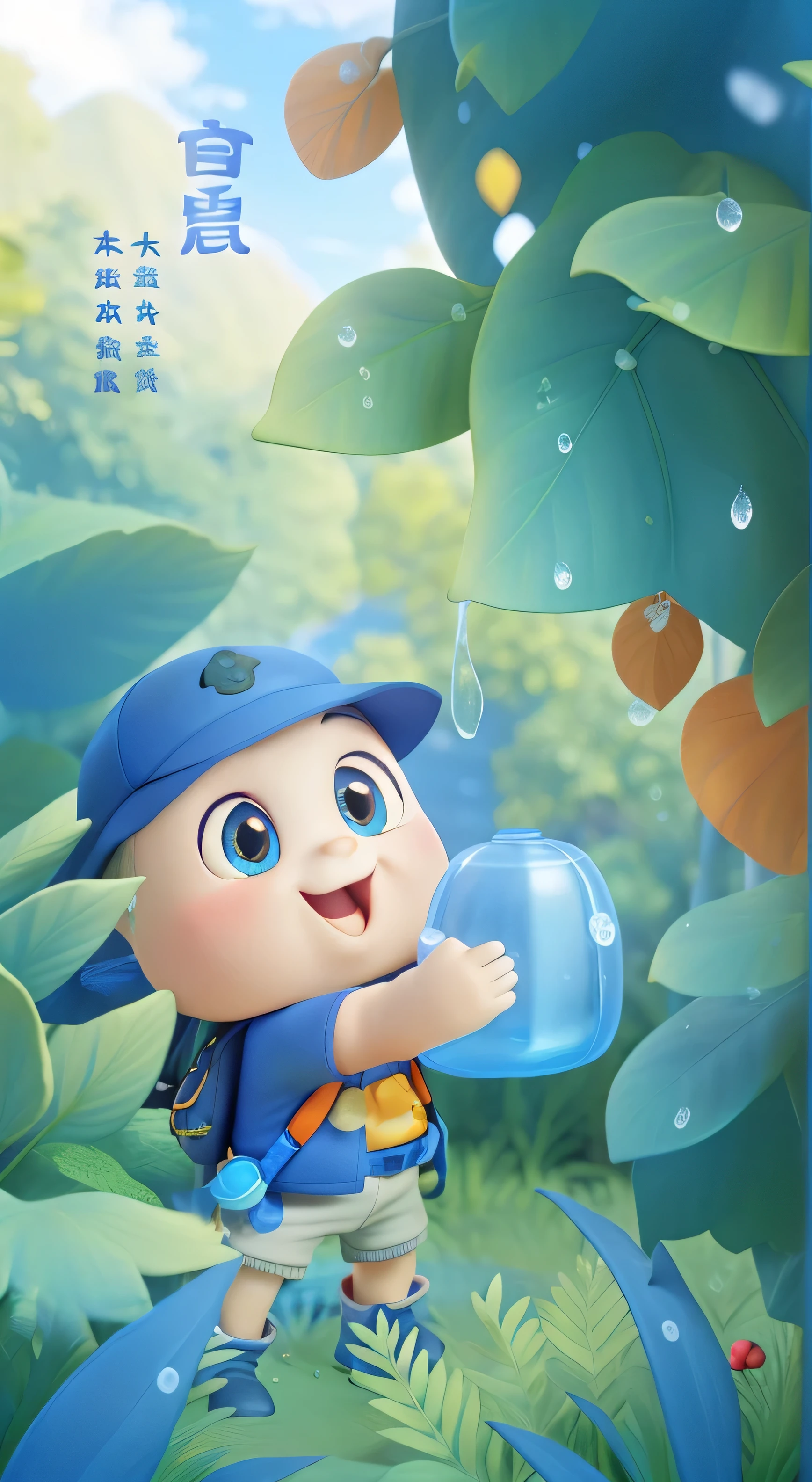Forest ridge background,blue sky,Baiyun,stream,Tortoiseshell backpack,Hand holding white glass bottle to collect water