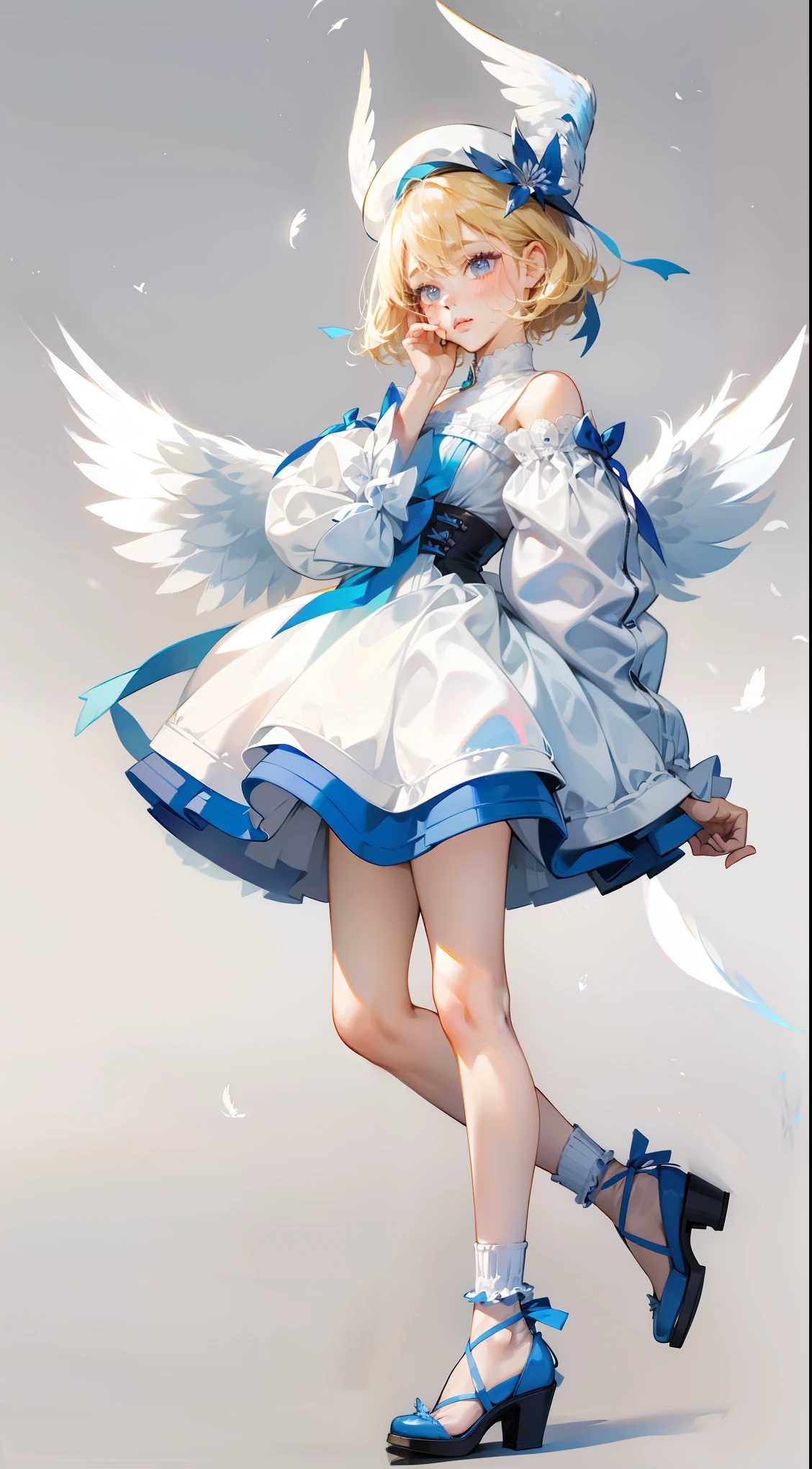 uekura, 1girl, blonde hair, white background, hat, dress, blue footwear, wings, simple background, signature, flower, nail polish, wide sleeves, long sleeves, blush, animal, white flower, solo, full body, bird, looking at viewer, high heels, hand on own cheek, hand on own face, frills, bow, bangs, ribbon, bell, blue headwear, +_+, socks, short hair, grey eyes, shoes, blue nails, feathered wings, blue bow