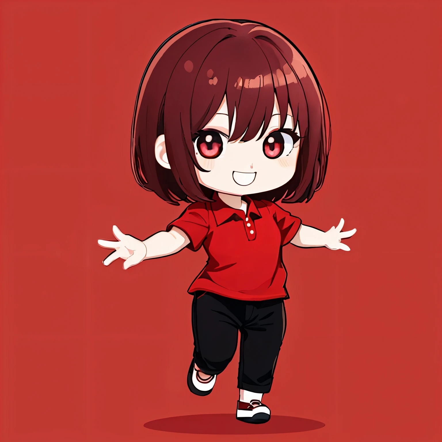 High quality、smile、red polo shirt、chibi character、black pants、simple background、beautiful and detailed eyes、red polo shirt、shoes