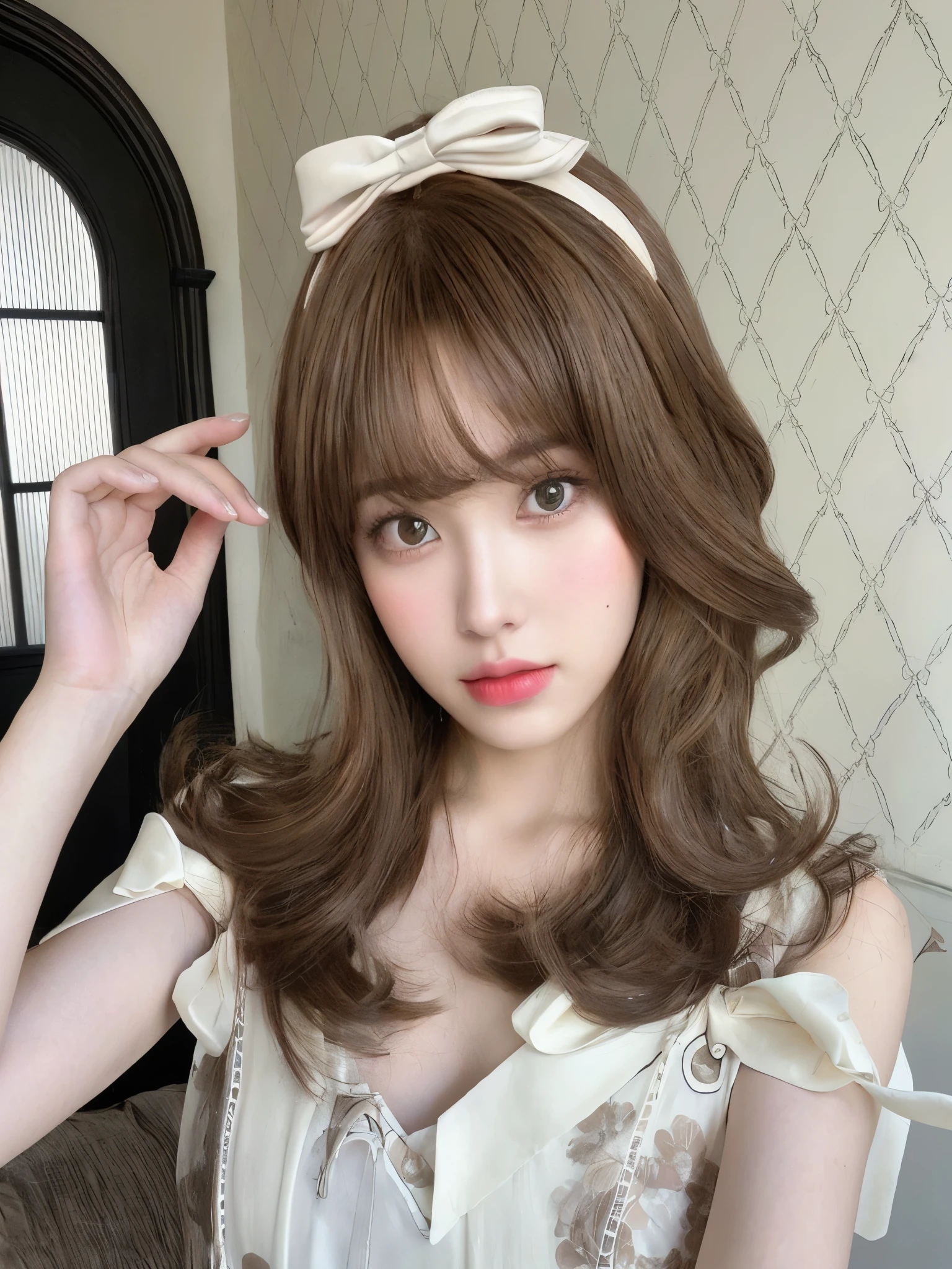 Mujer arafed con un lazo en la cabeza posando para una foto., peinado de corte hime blanco, long brown hair with bangs, peinado kawaii, brown hair with bangs, el corte de hime, brown hair and bangs, peinado kawaii, ulzzang, neat light brown hair, loose brown hair, brown bangs, long wavy light brown hair, with brown hair
