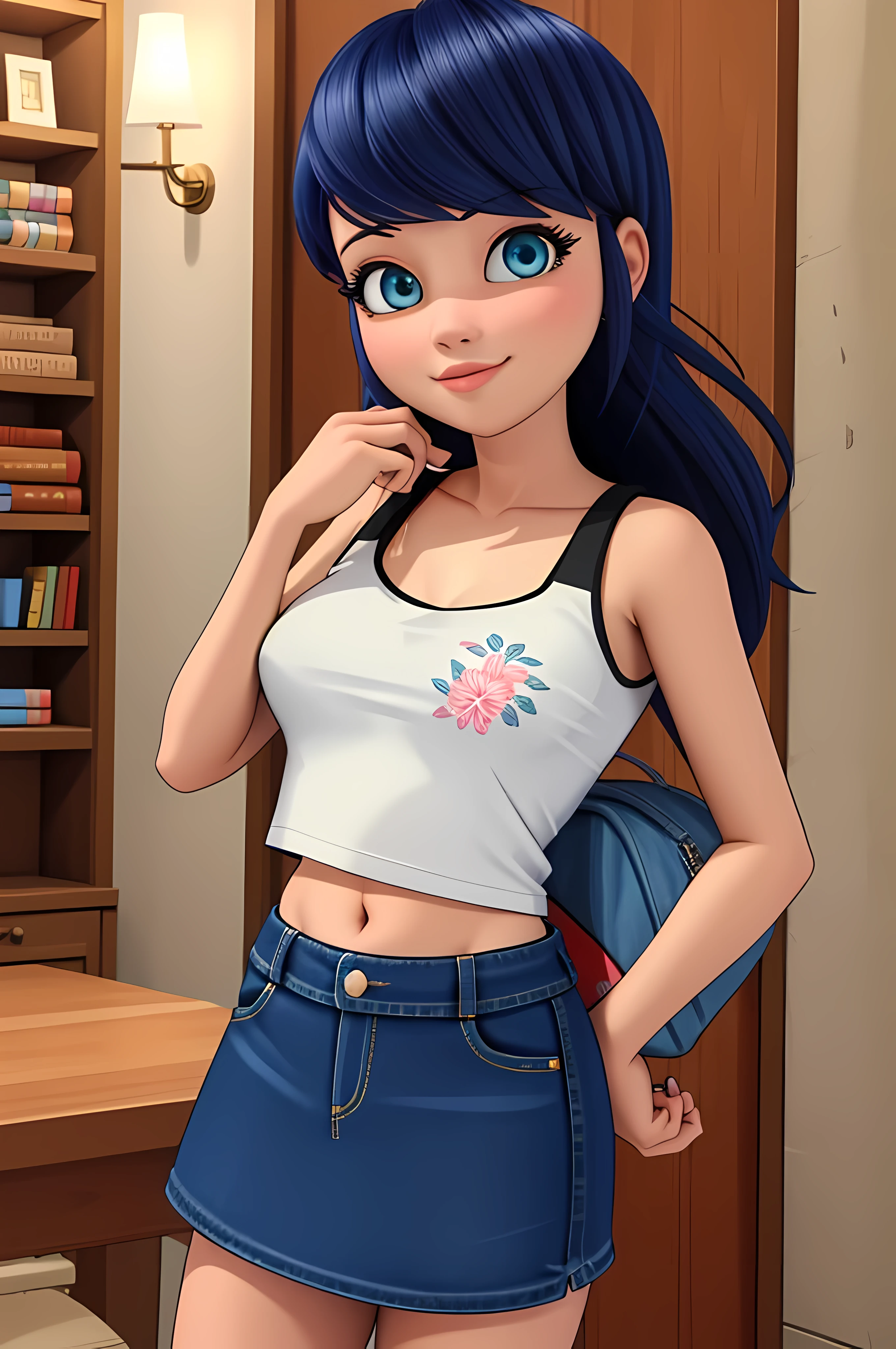 (8k, RAW photo, best quality, masterpiece:1.2), (intricate details), perfect eyes, perfect face, perfect lighting, beautiful, (masterpiece:1.2), (best quality:1.2), 1girl, solo, marinette, blue hair, ((long loosen hair)), adult torso, , slight smile, big sized breasts, (denim skirt, short skirt, red navel t-shirt), cowboy shot, 3DMM