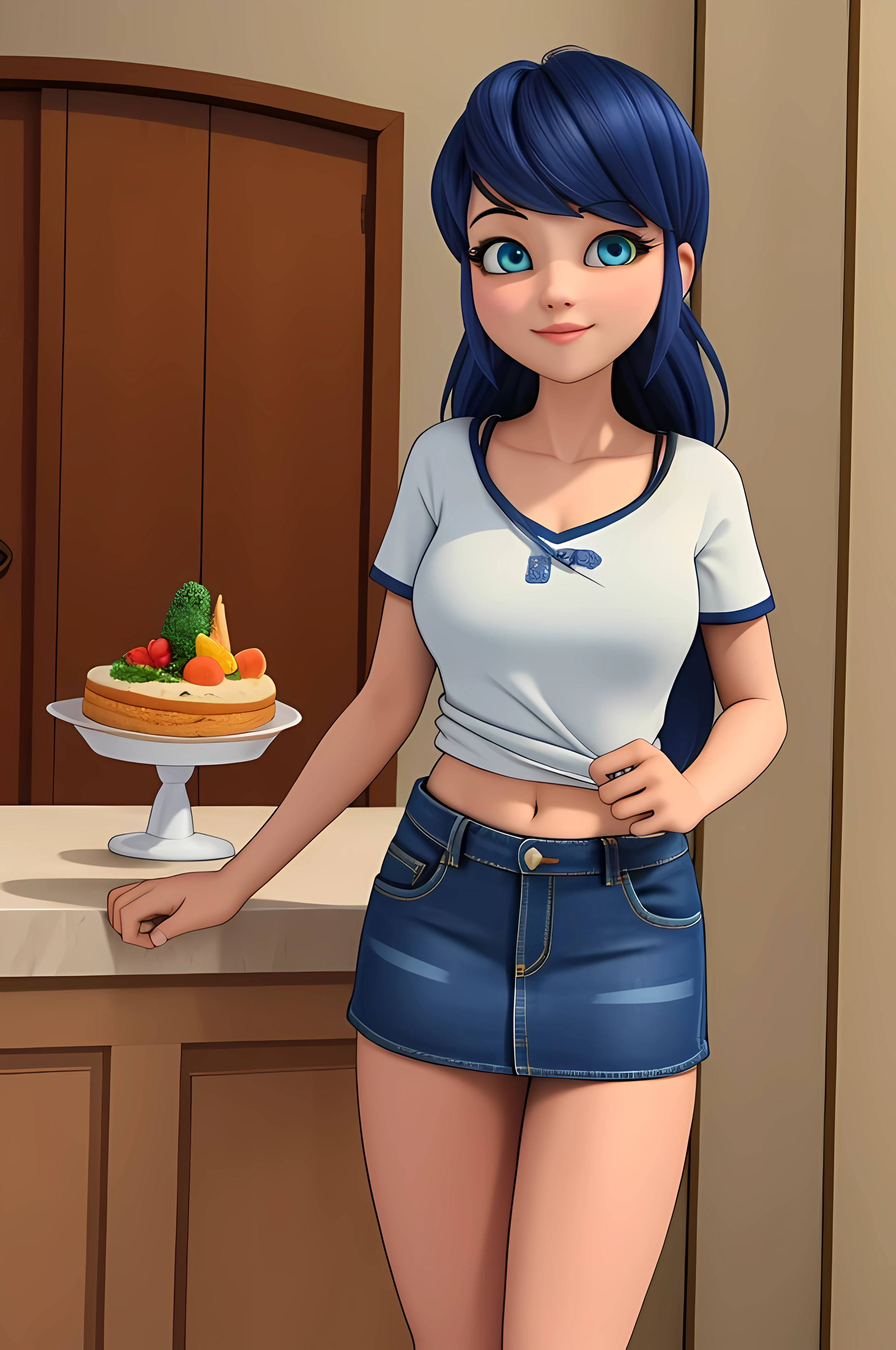 (8k, RAW photo, best quality, masterpiece:1.2), (intricate details), perfect eyes, perfect face, perfect lighting, beautiful, (masterpiece:1.2), (best quality:1.2), 1girl, solo, marinette, blue hair, ((long loosen hair)), adult torso, 17 years old, slight smile, big sized breasts, (denim skirt, short skirt, red navel t-shirt), cowboy shot, 3DMM