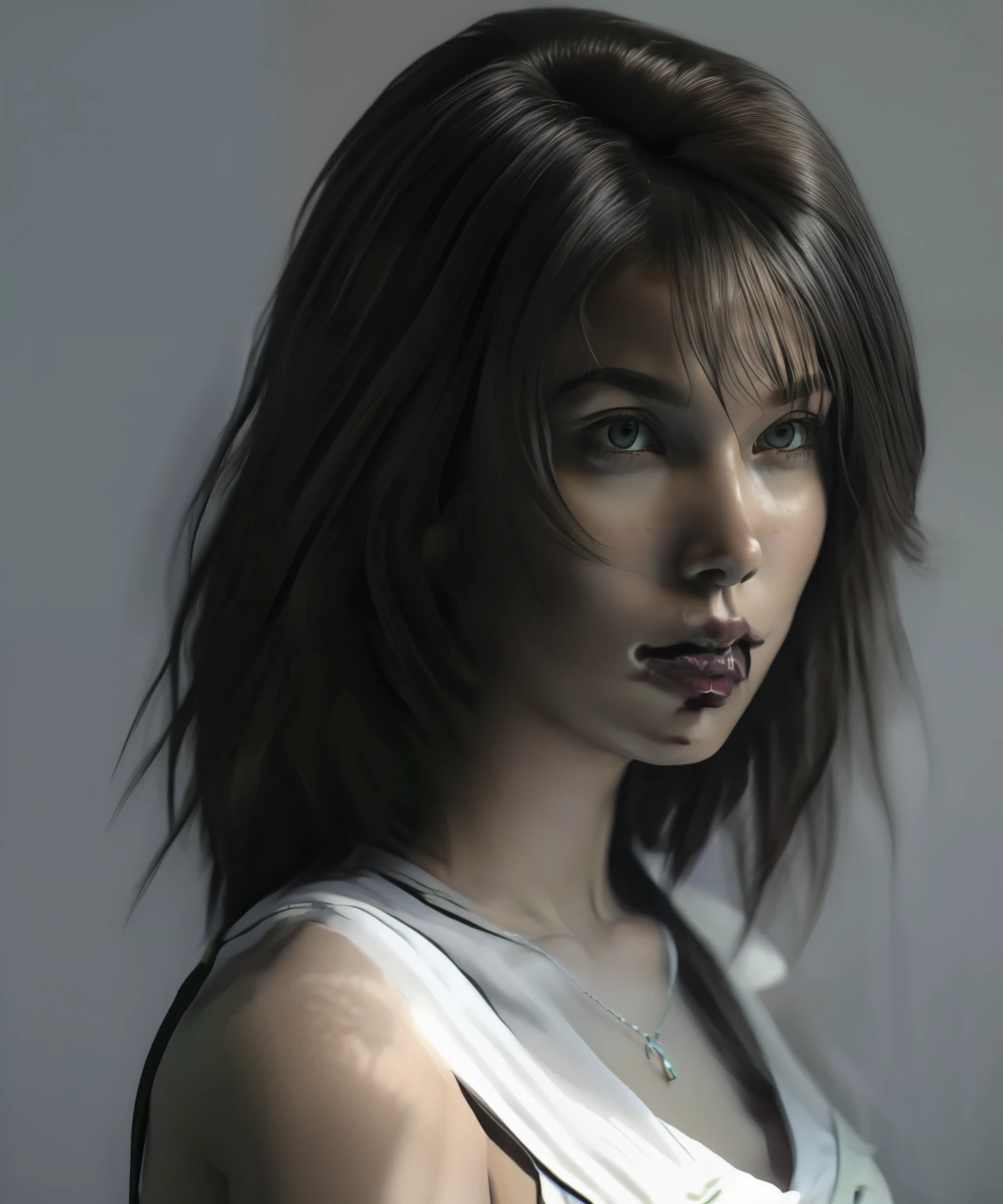 (masterpiece), (extremely intricate:1.3),portrait of a girl, full lips, the most beautiful in the world, woman, (ivory white skin), (perfect face), defined jawline, beautiful lips, (somber expression), (beautiful bright grey eyes), (long straight black hair, straight bangs), (perfect anatomy), (athletic body), (sexy) (black bikini), (medium shot photograph), (blank white background), (black and white monochromatic photograph), realistic