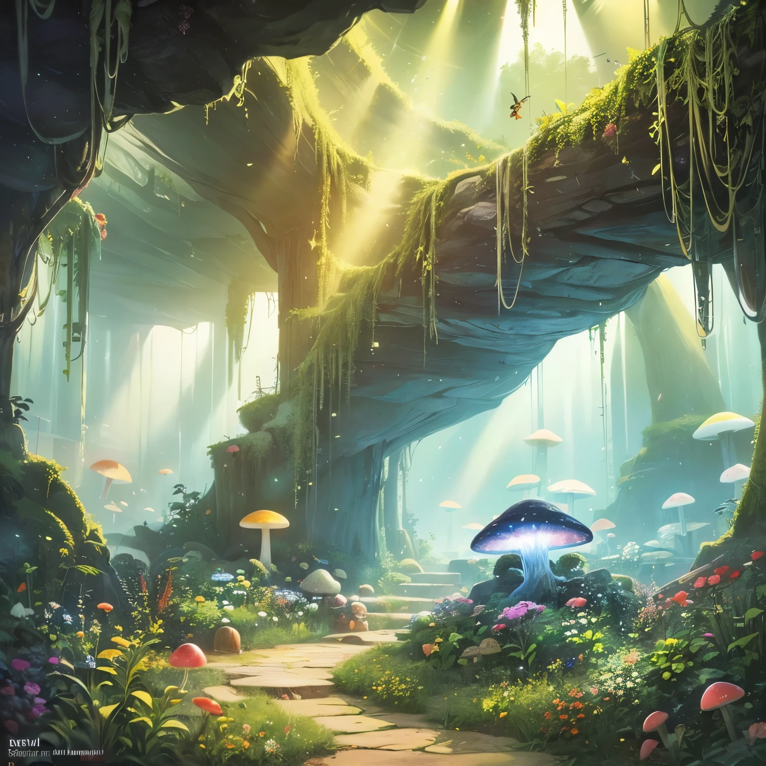 (Tyndall effect),A cave filled with glowing exotic plants, Create a dreamy and colorful atmosphere. sunlight shining through，Casts a golden light on the ground，The plants emit Energetic hues of purple, blue, and green, Create a charming glow，lighting up the environment around him. The cave is filled with beautiful mushrooms of all shapes and sizes, Adds to the charming atmosphere. when you explore the cave, You notice the fireflies flickering softly, Their tiny bodies emit a soft, delicate light. They danced in the air, Add magic to the scene. in the center of the cave, You find a playful leprechaun sitting on a large mushroom, His mischievous eyes sparkled with joy. The cave is bathed in warm and Energetic colors, Gives an otherworldly and ethereal feel. 光影的变化给周围环境增添了mystery感, Invite you into this fascinating world. The Energetic colors and intricate details make the scene come to life, Take you into a whimsical realm. (best quality, detailed, 4k, high resolution:1.2), ultra-detailed, (actual, photoactual:1.37) mystery, Energetic, and charming, This artwork captures the essence of the magical cave. rich colors, intricate details, The charming atmosphere makes it a masterpiece worth exploring.(Tyndall effect:1.5)