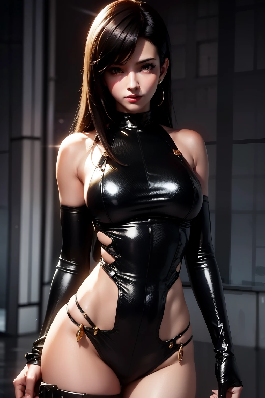 Waist up hyper detailed beauty Tifa Lockhart (masterpiece) in detailed black & golden plugsuit (Evangelion aesthetic style), best quality, sharp focus