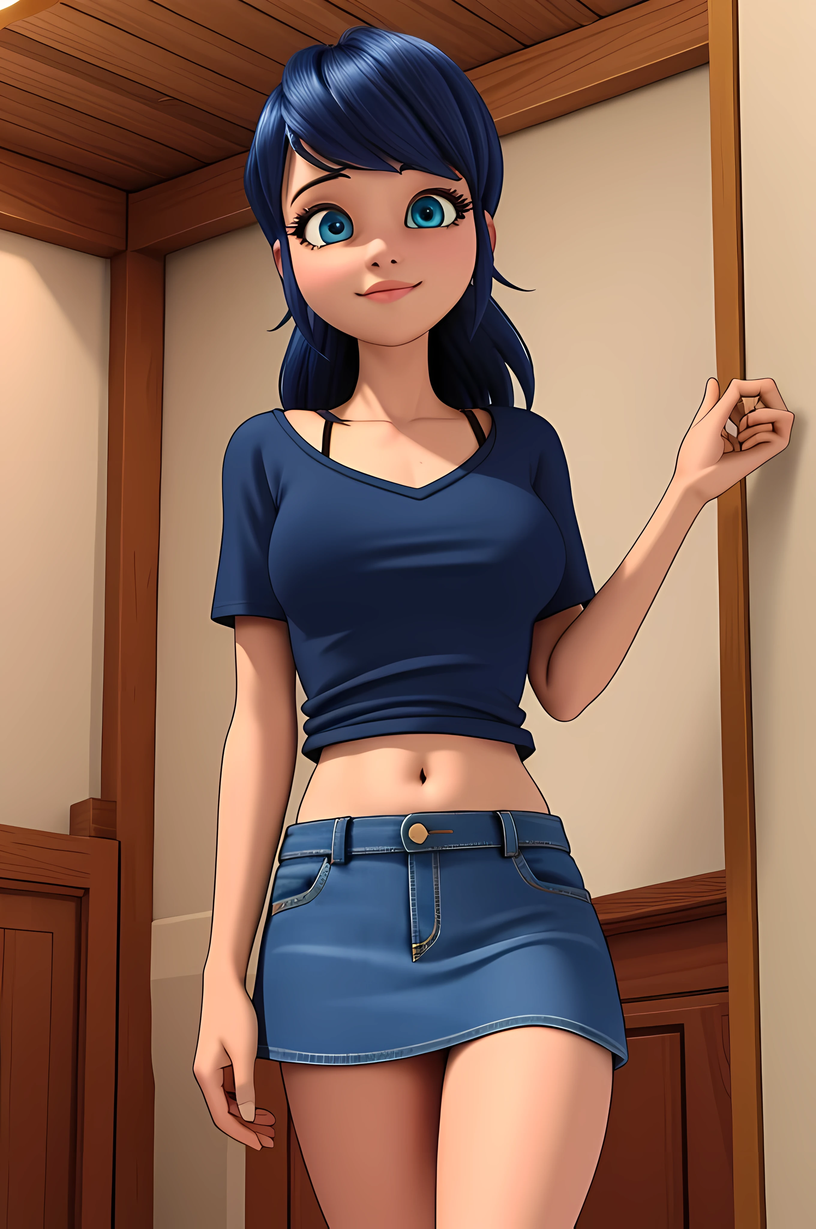 (8k, RAW photo, best quality, masterpiece:1.2), (intricate details), perfect eyes, perfect face, perfect lighting, beautiful, (masterpiece:1.2), (best quality:1.2), 1girl, solo, marinette, blue hair, ((long loosen hair)), adult torso, , slight smile, big sized breasts, (denim skirt, short skirt, red navel t-shirt), cowboy shot, 3DMM