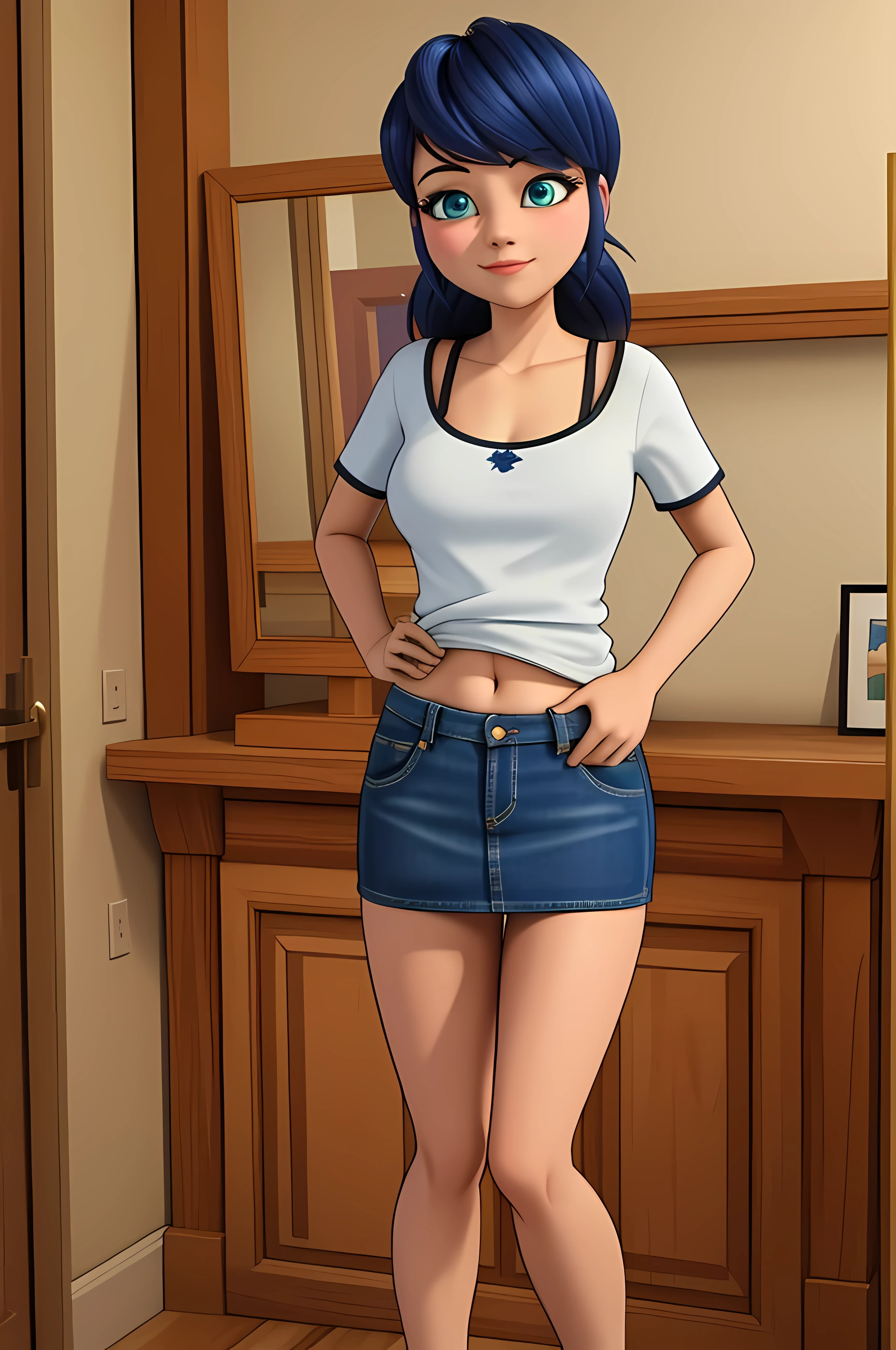 (8k, RAW photo, best quality, masterpiece:1.2), (intricate details), perfect eyes, perfect face, perfect lighting, beautiful, (masterpiece:1.2), (best quality:1.2), 1girl, solo, marinette, blue hair, ((long loosen hair)), adult torso, ************, slight smile, big sized breasts, (denim skirt, short skirt, red navel t-shirt), cowboy shot, 3DMM