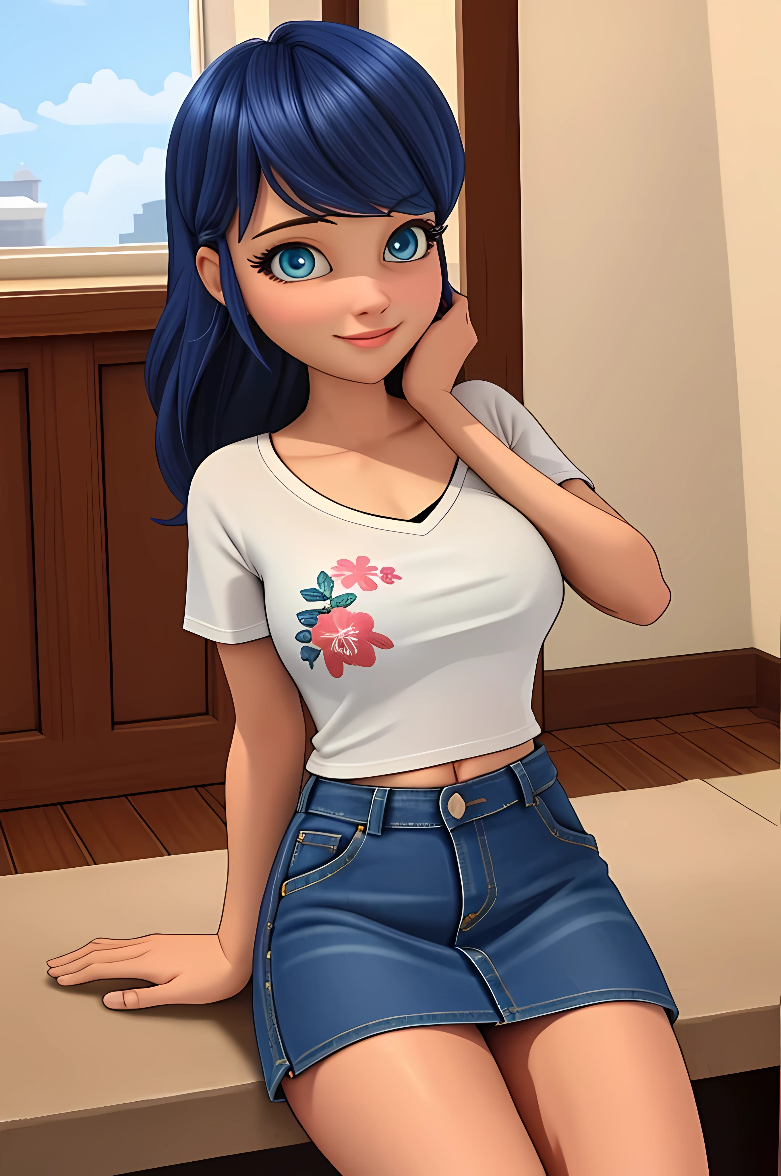 (8k, RAW photo, best quality, masterpiece:1.2), (intricate details), perfect eyes, perfect face, perfect lighting, beautiful, (masterpiece:1.2), (best quality:1.2), 1girl, solo, marinette, blue hair, ((long loosen hair)), adult torso, , slight smile, big sized breasts, (denim skirt, short skirt, red navel t-shirt), cowboy shot, 3DMM, seated, front view