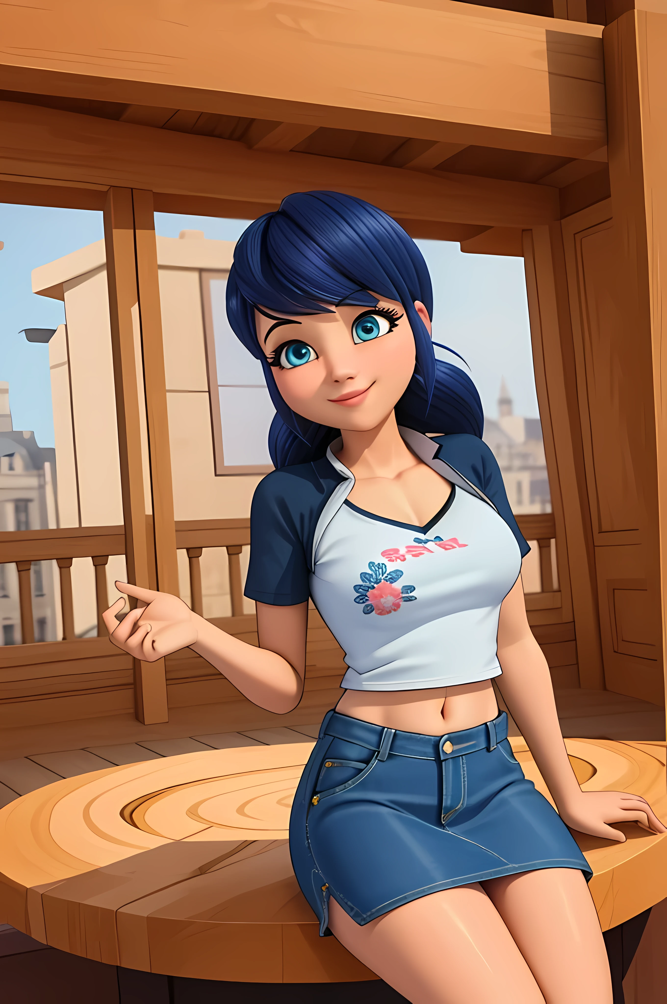 (8k, RAW photo, best quality, masterpiece:1.2), (intricate details), perfect eyes, perfect face, perfect lighting, beautiful, (masterpiece:1.2), (best quality:1.2), 1girl, solo, marinette, blue hair, ((long loosen hair)), adult torso, , slight smile, big sized breasts, (denim skirt, short skirt, red navel t-shirt), cowboy shot, 3DMM, seated, front view