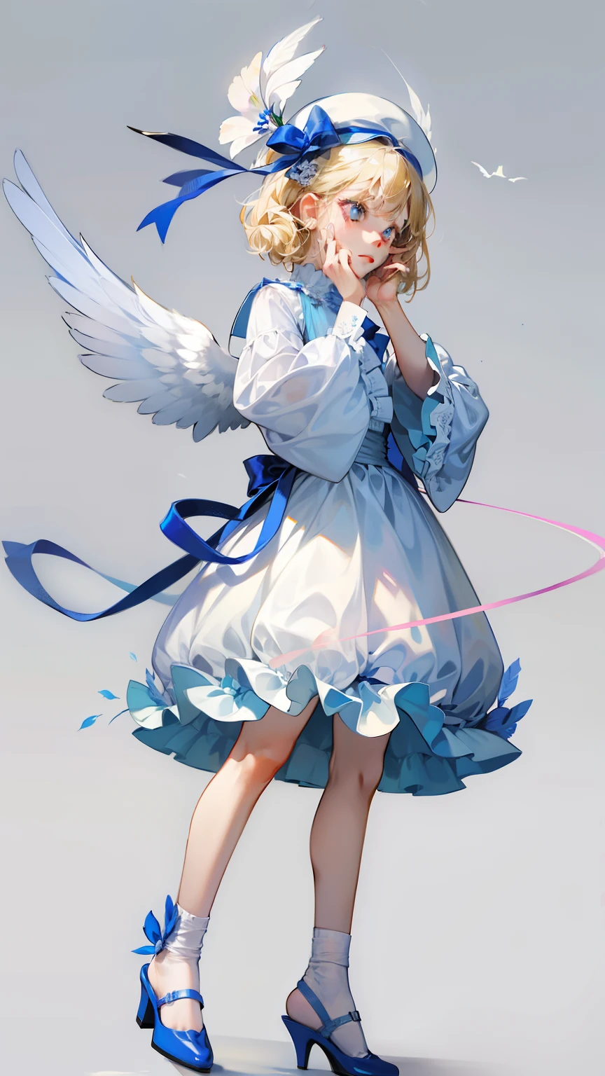 uekura, 1girl, blonde hair, white background, hat, dress, blue footwear, wings, simple background, signature, flower, nail polish, wide sleeves, long sleeves, blush, animal, white flower, solo, full body, bird, looking at viewer, high heels, hand on own cheek, hand on own face, frills, bow, bangs, ribbon, bell, blue headwear, +_+, socks, short hair, grey eyes, shoes, blue nails, feathered wings, blue bow