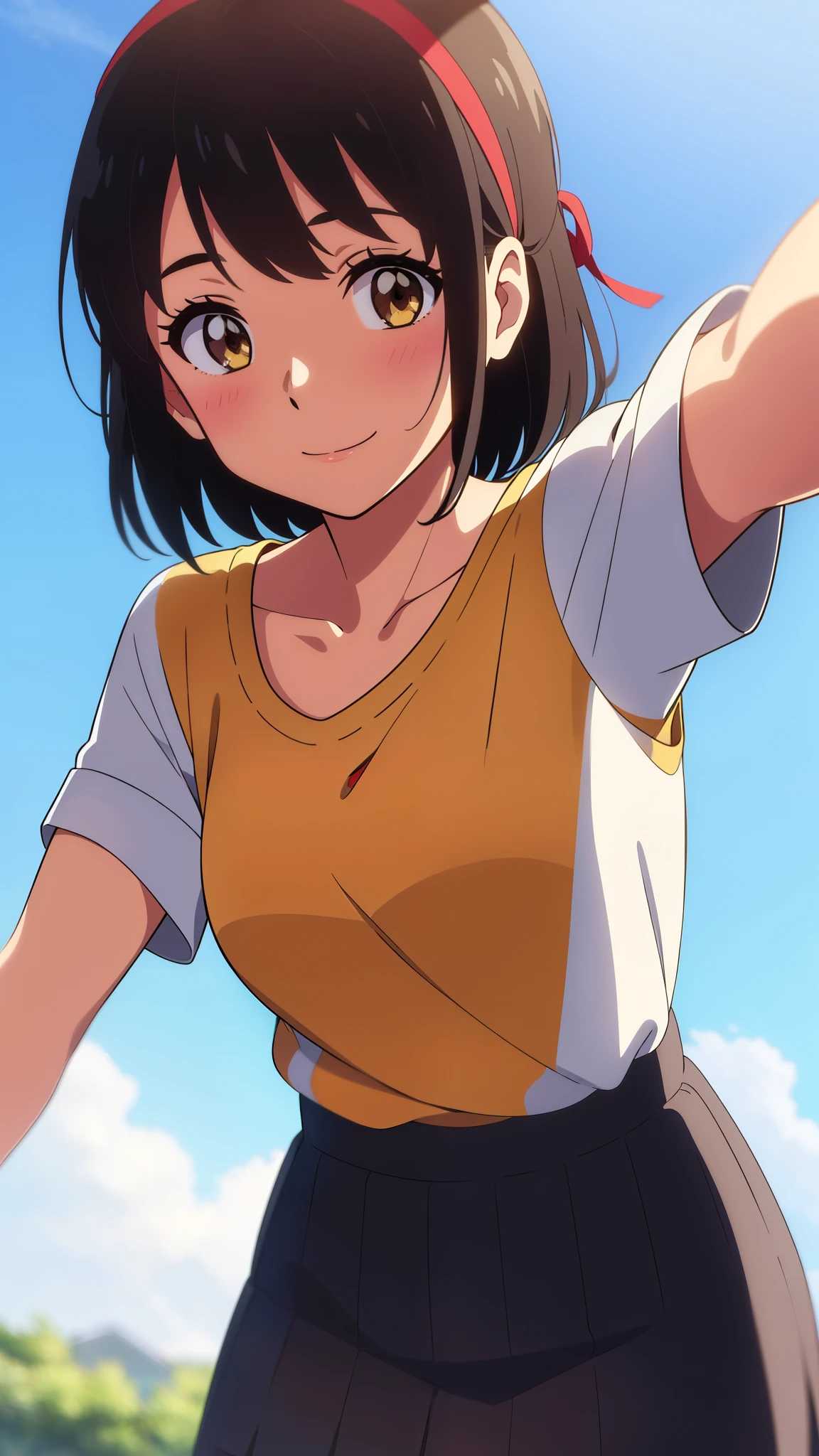 shinkai makoto, kimi no na wa., 1girl, bangs, black hair, blush, bright eyes, brown eyes, red headband, red bow, red ribbon, short hair, smile, cute, beautiful, shiny skin, looking at the viewer, solo, happy, collarbone, yellow shirt, short sleeves, skirt, pleated skirt, upper body, female focus, blue sky, selfie angle, sharp nose