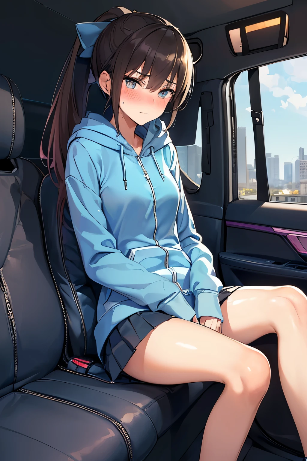 ((best quality)), ((masterpiece)), (detailed), (((perfect face))), (((slender 18yo teenage girl))), (((wearing light blue zipped hoodie))), (((skinny thighs))), (((skinny hips))), (((dark blue pleated skirt))), ((brunette)), (((ponytail))), ((shy:1.3)), ((blushing:1.5)), ((sitting in car passenger seat)), ((black car interior)), ((dashboard)), (((skinny legs)))