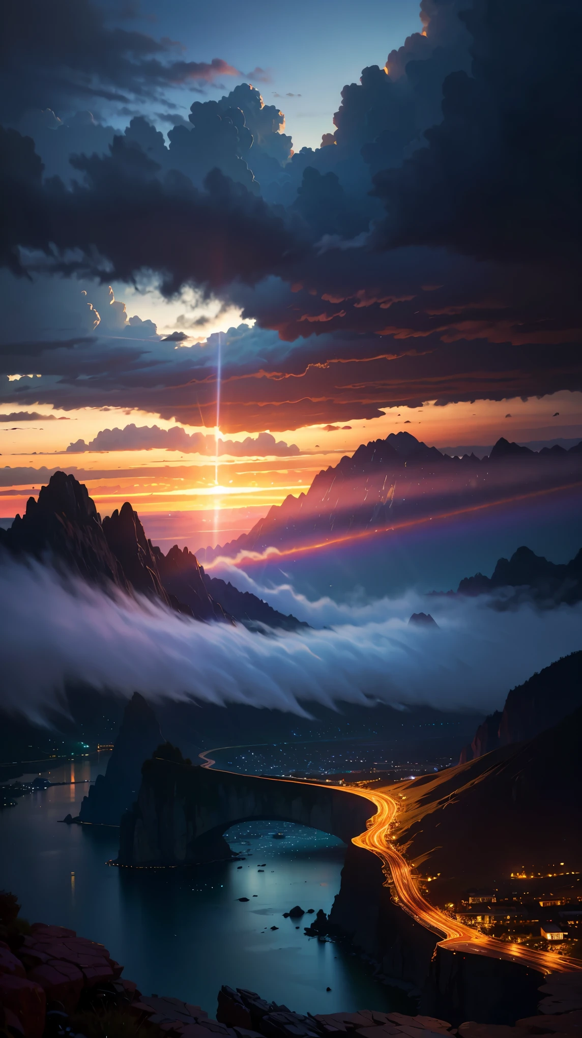 (Super realistic:1.2), High resolution, (Bright colors, HDR:1.1), (sharp focus:1.1), (physically based rendering:1.1), Tyndall effect, colorful lights, (((Light pours through the gaps in the clouds))), beautiful perspective, Contrasting shadows, dynamic composition, realistic landscape, unique configuration, soft texture, intricate details, mysterious atmosphere, Artistic exploration of light and shadow,