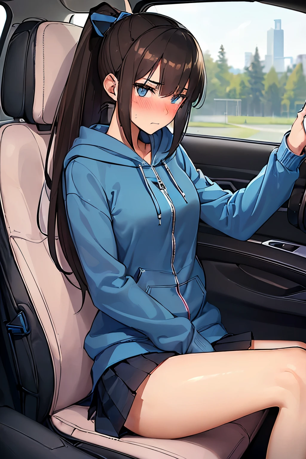 ((best quality)), ((masterpiece)), (detailed), (((perfect face))), (((slender 18yo teenage girl))), (((wearing light blue zipped hoodie))), (((skinny thighs))), (((skinny hips))), (((dark blue pleated skirt))), ((brunette)), (((ponytail))), ((shy:1.3)), ((blushing:1.5)), ((sitting in car passenger seat)), ((black car interior)), ((dashboard)), (((skinny legs)))