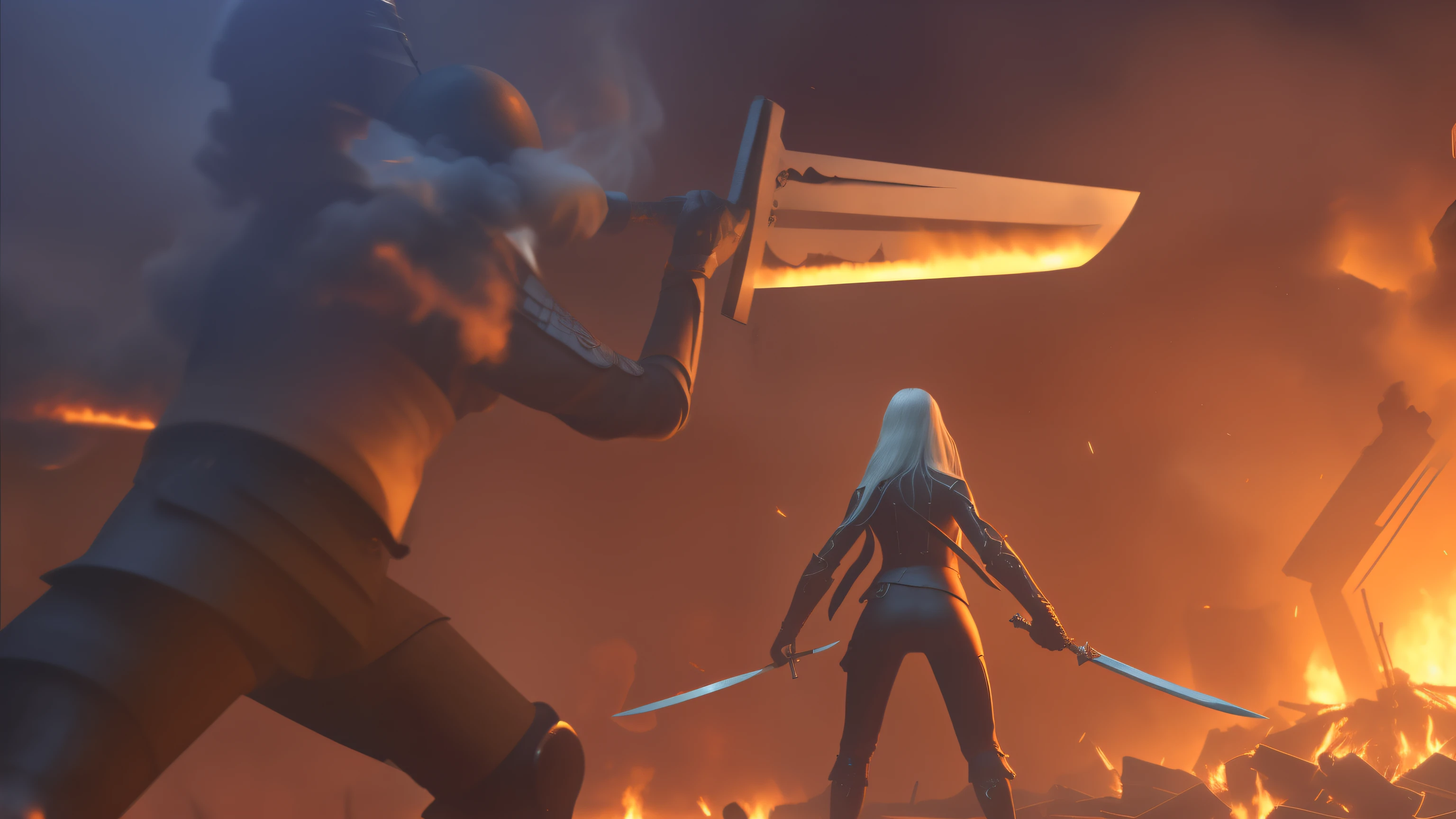 (best quality,4k,high resolution:1.2),Super detailed,actual,portrait,Miss,Long silver hair,Cropped tight top, dual wielding swords,(Cross-shaped knife boots on the back),A brave and determined figure standing with his back to the audience,
war scene, Countless armies approaching fiercely with weapons in hand, The air is filled with flames and smoke, The debris of the war is scattered on the ground,
Firelight flickers in the smoke of war,
Medium saturation,
movie shot,
3d rendering,
Gothic darkness, modern fantasy