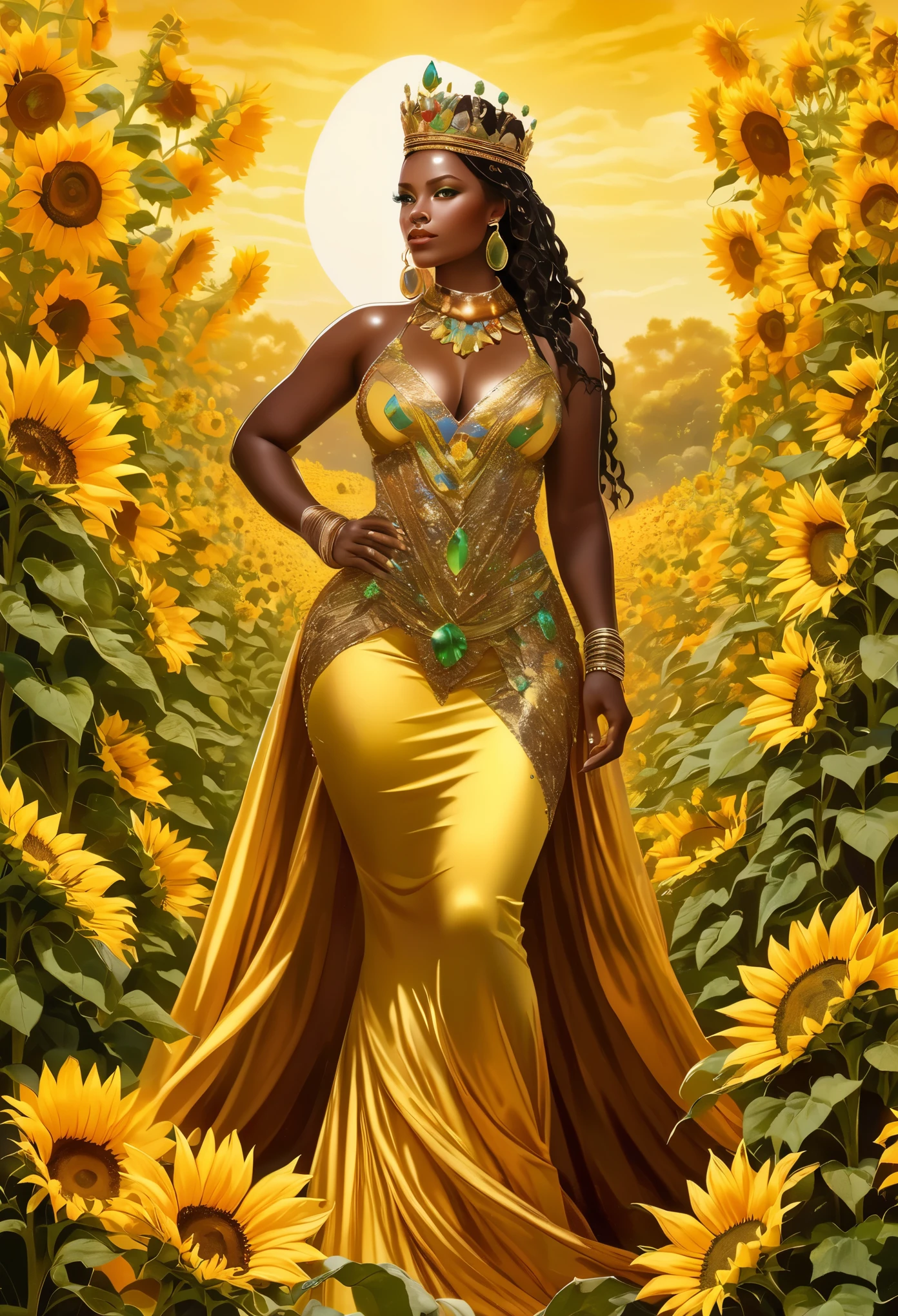 A highly realistic and detailed image of a beautiful curvy full body African goddess standing in a field of medium size sunflowers. She has a crown of emeralds and yellow lemon quartz sparkling gems. Her clothes are of coral and ornamented with diamonds and citrine gemstone with a coral background.