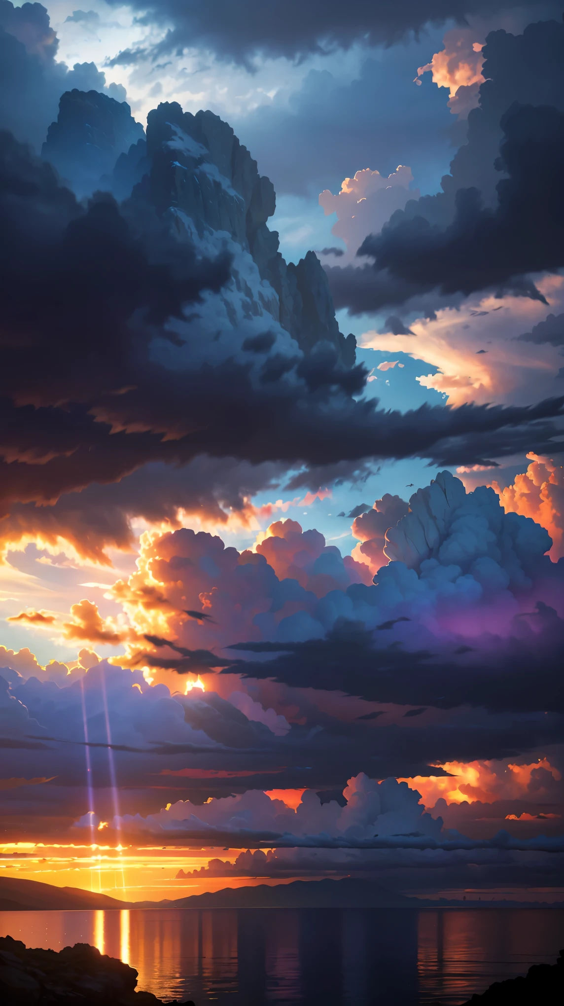 (Super realistic:1.2), High resolution, (Bright colors, HDR:1.1), (sharp focus:1.1), (physically based rendering:1.1), Tyndall effect, colorful lights, (((Light pours through the gaps in the clouds))), beautiful perspective, Contrasting shadows, dynamic composition, realistic landscape, unique configuration, soft texture, intricate details, mysterious atmosphere, Artistic exploration of light and shadow,