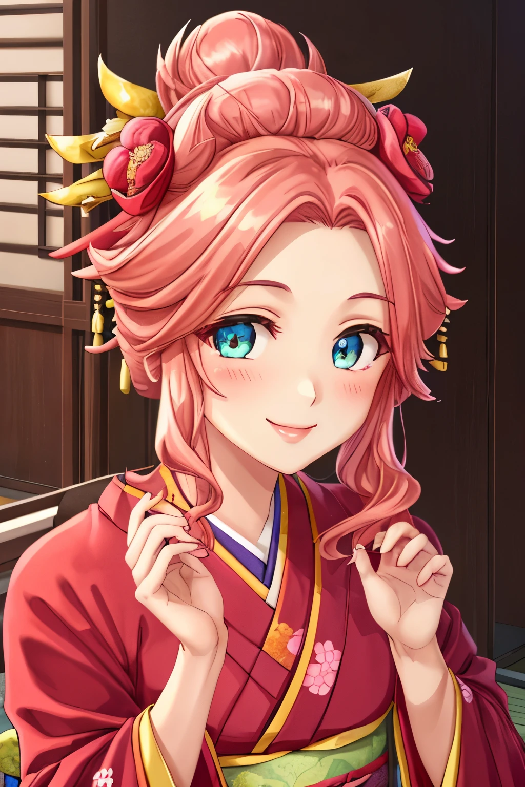 Gyokuha, Gyokuha妃, (1 girl:1.), (solo:1.3), long hair, pink hair, bun hair, single hair, (red kimono:1.3), (gorgeous floral pattern:1.3), (beautiful black obi:1.3), Floral decoration, highest quality, High resolution, unity 8k wallpaper, (An illustration: 0.8), (detailed and beautiful eyes:1.6), highly detailed face, perfect lighting, Detailed CG, (perfect hands, perfect anatomy), (smile:1.3), gentle smile, blush, close up, free pose